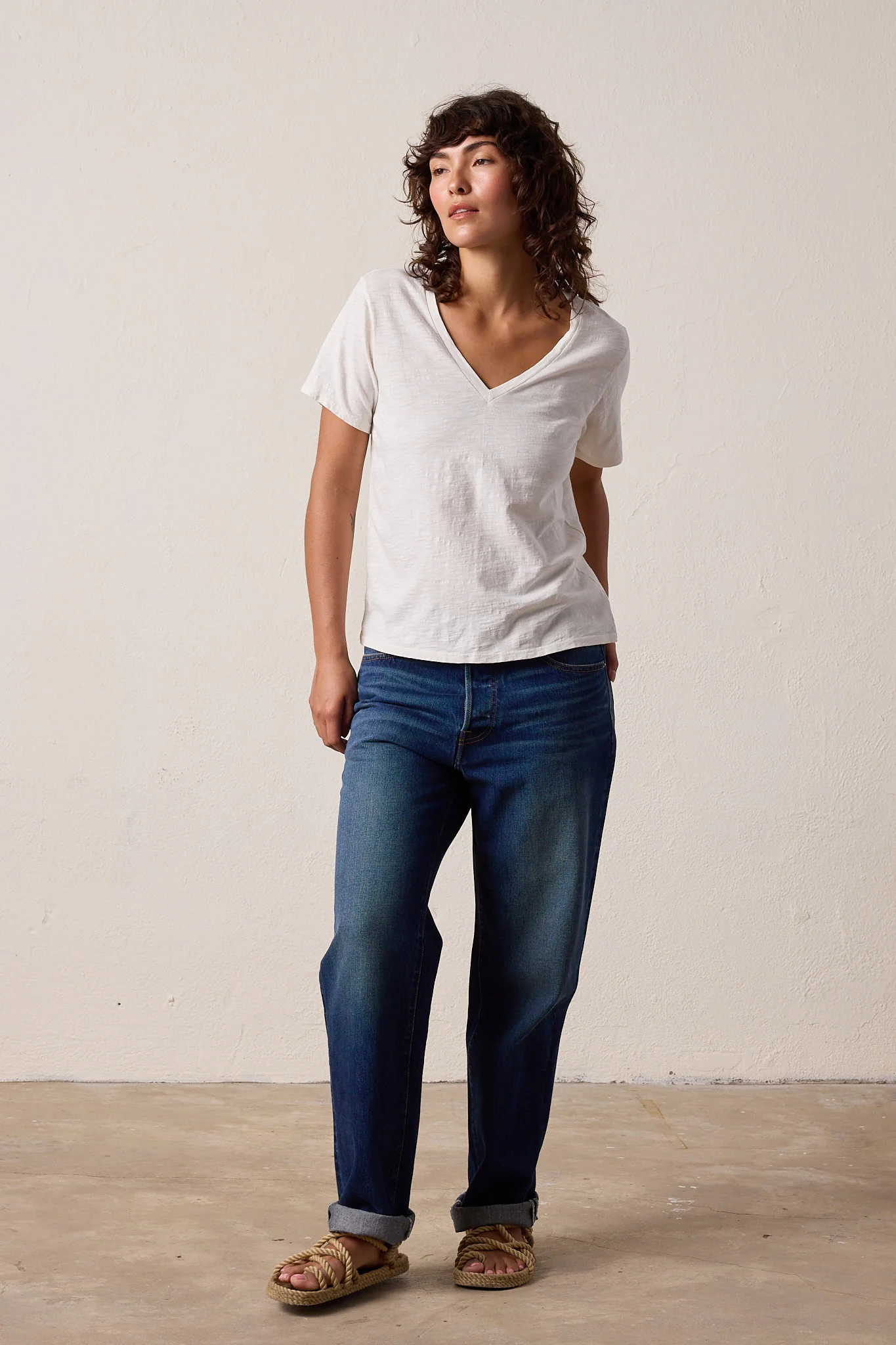 NSF Layla Relaxed V Neck Slub Jersey Tee - Soft White - Renuaun