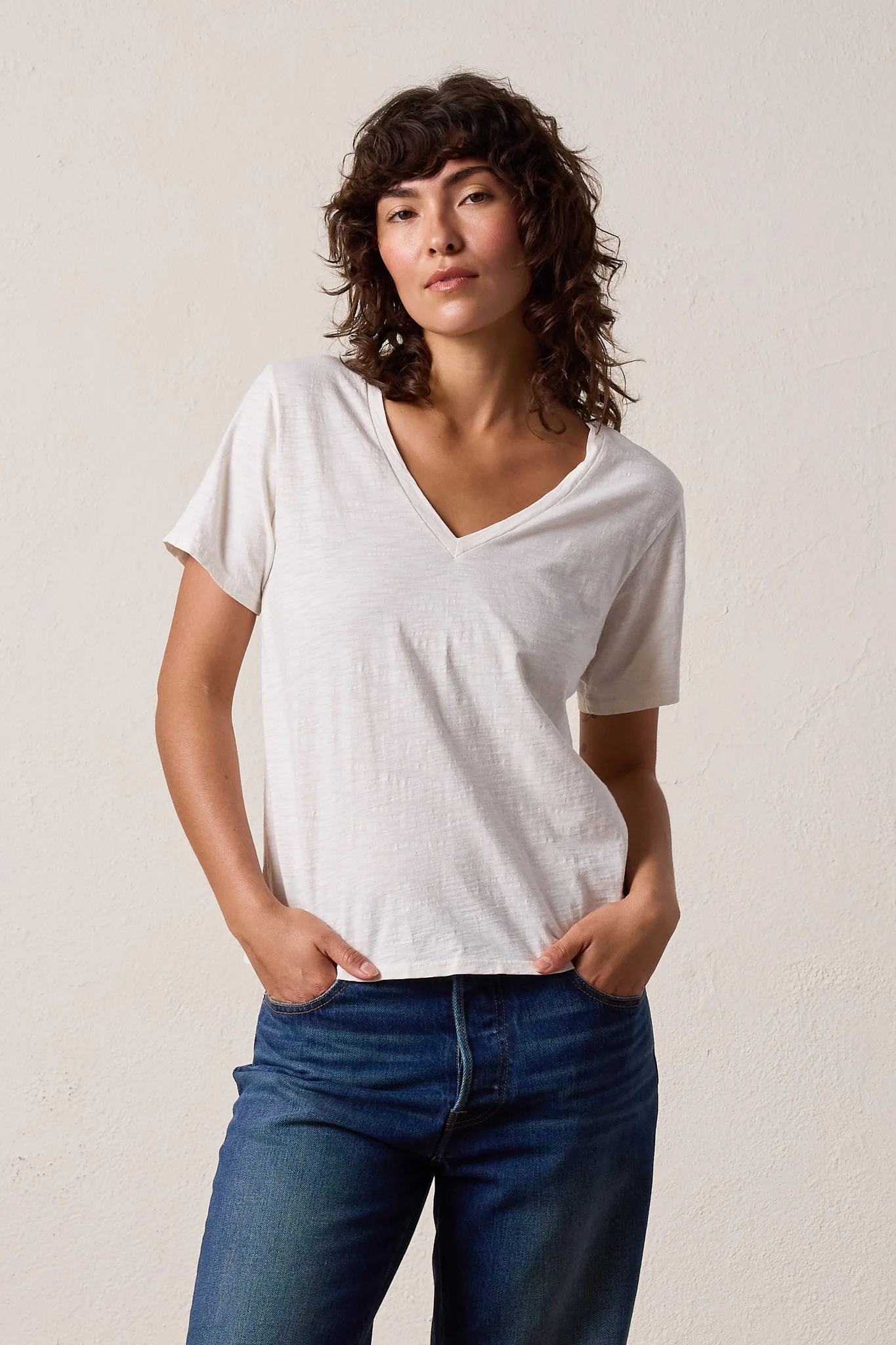 NSF Layla Relaxed V Neck Slub Jersey Tee - Soft White - Renuaun