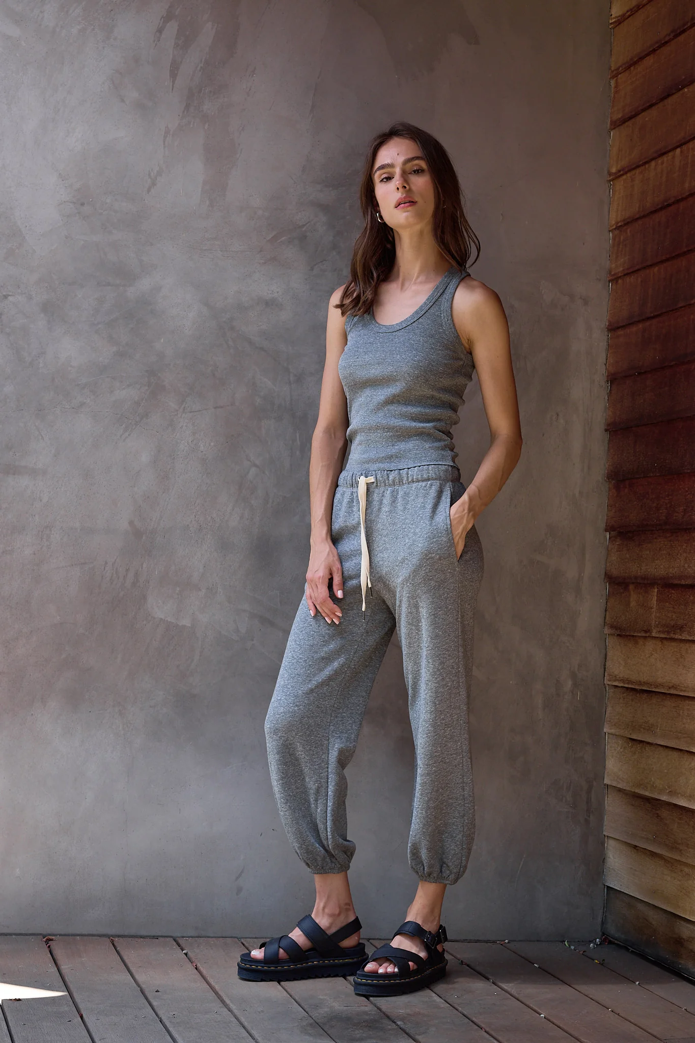 NSF Violet Fitted Melange Rib U Neck Tank - Charcoal Heather Gray - Renuaun