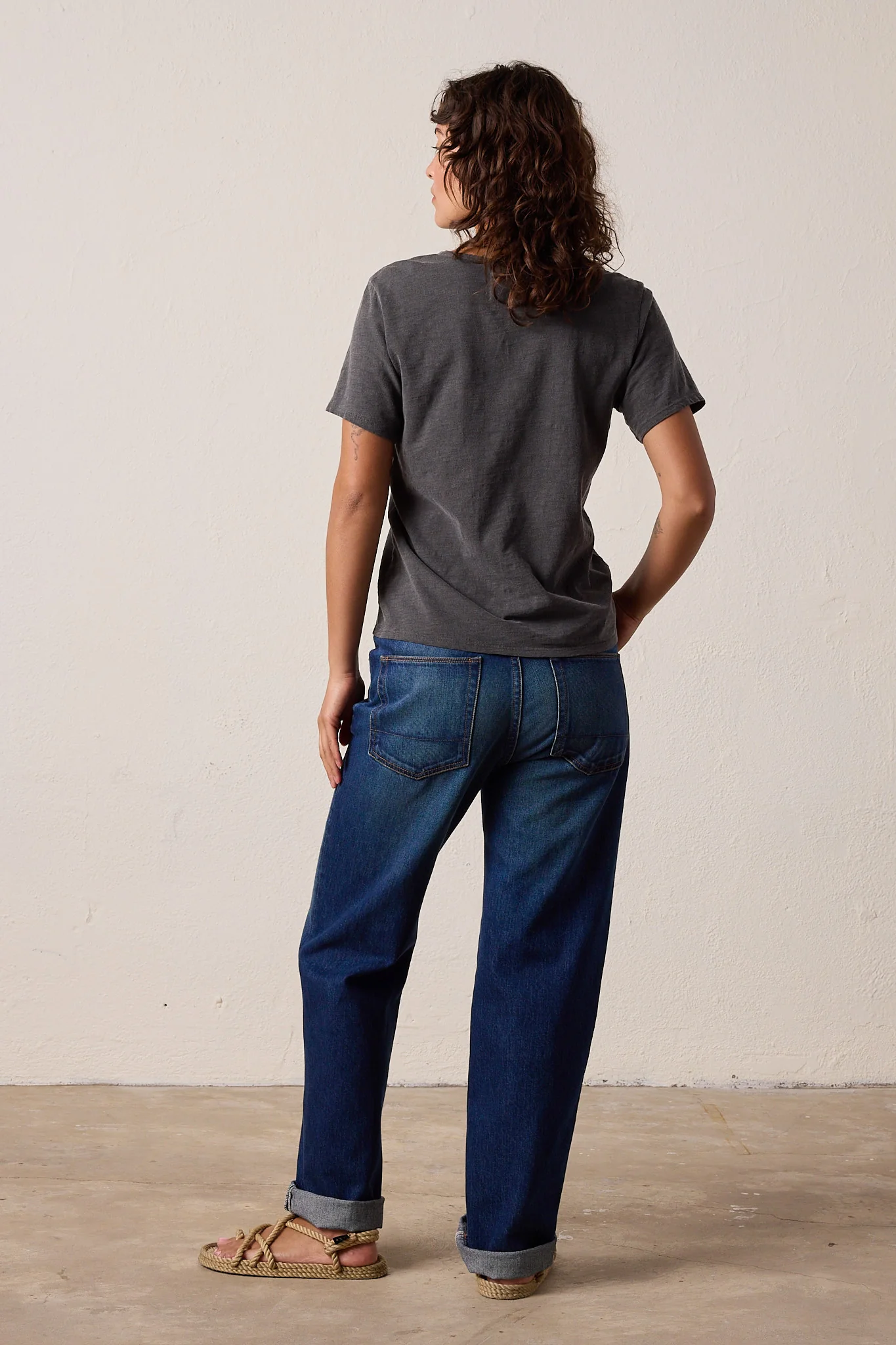 NSF Layla Relaxed V Neck Slub Jersey Tee - Faded Black - Renuaun