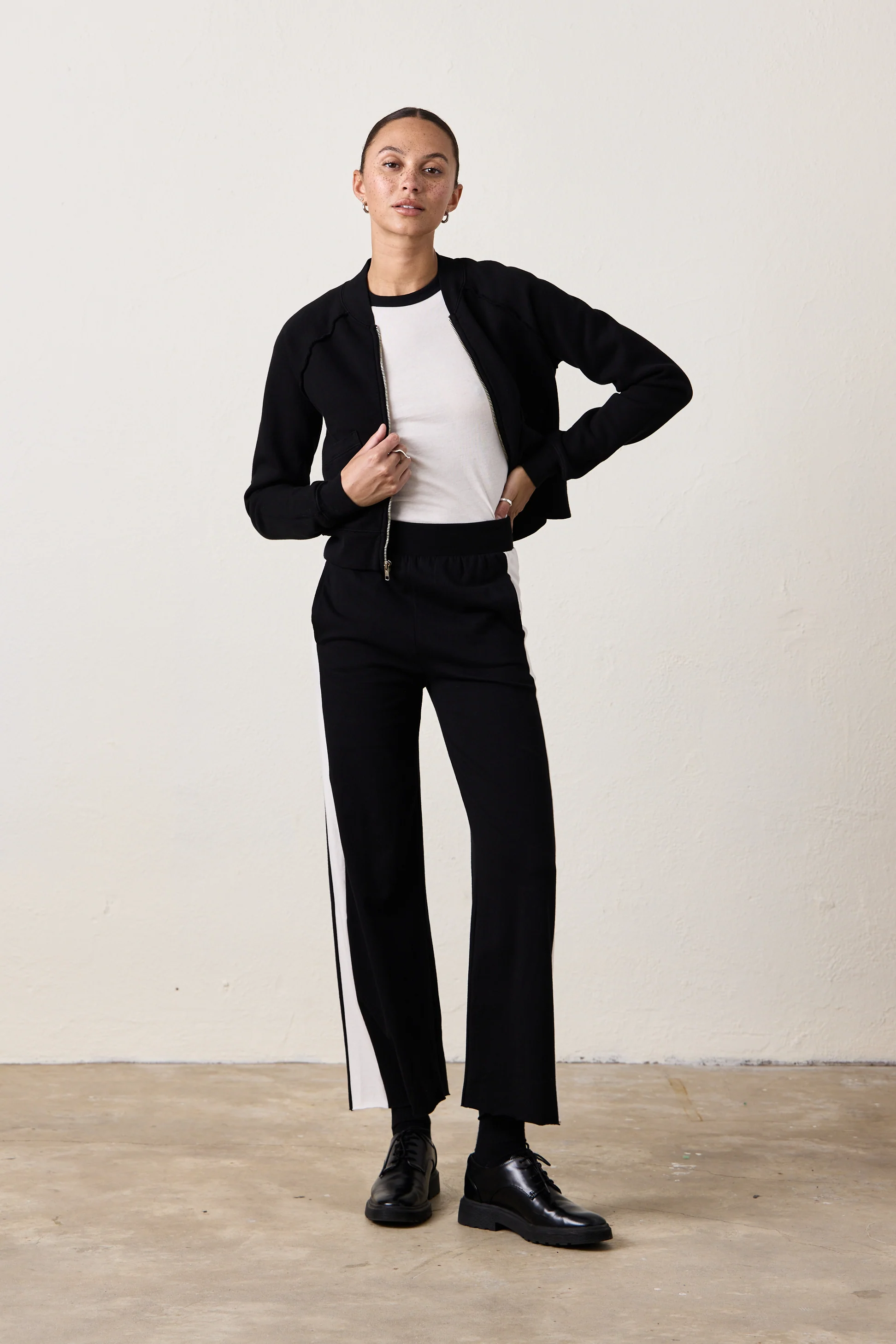 RILEY WIDE LEG JERSEY PANT / BLACK/IVORY - Renuaun