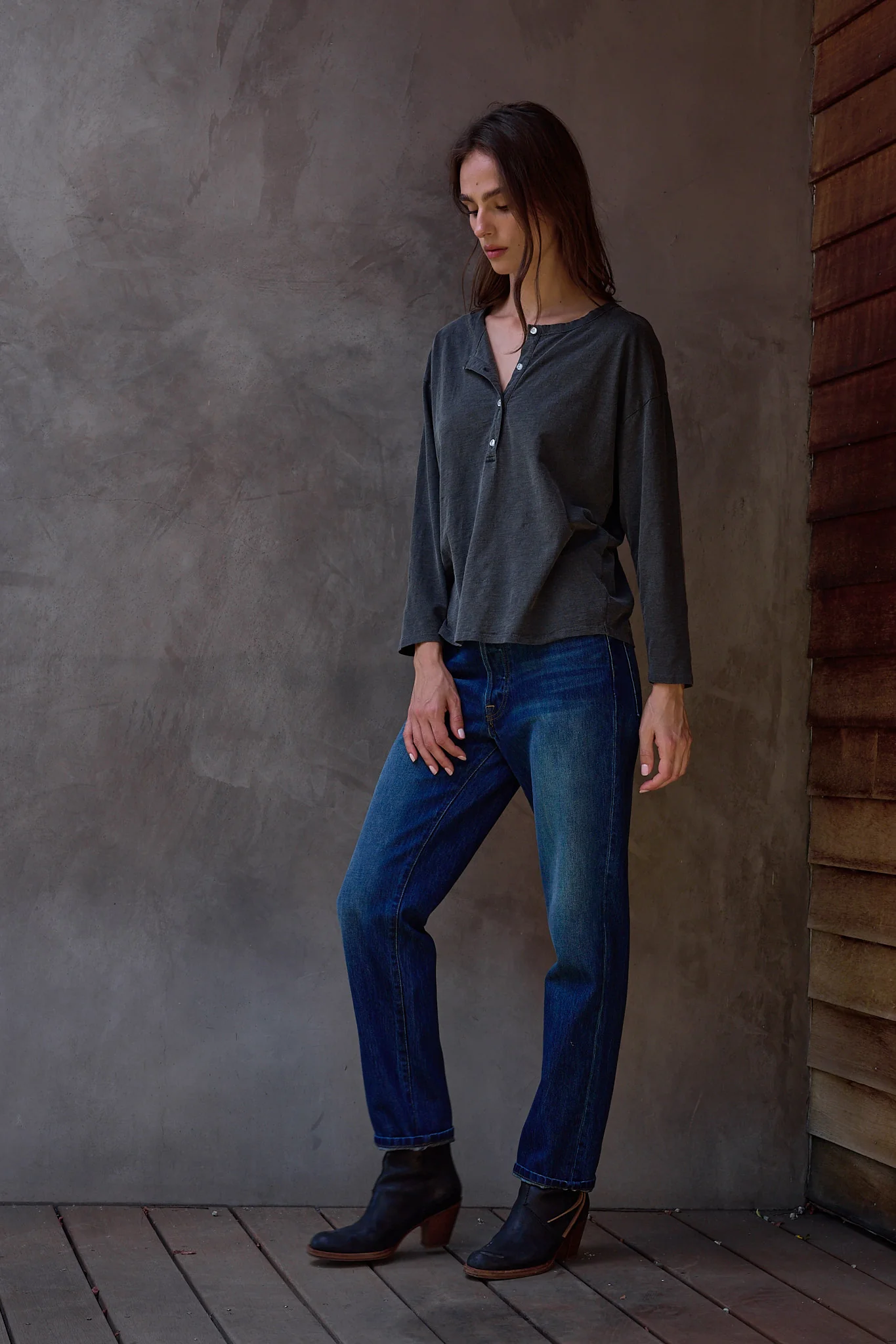 NSF Hazel Boxy Slub Jersey Henley - Faded Black - Renuaun