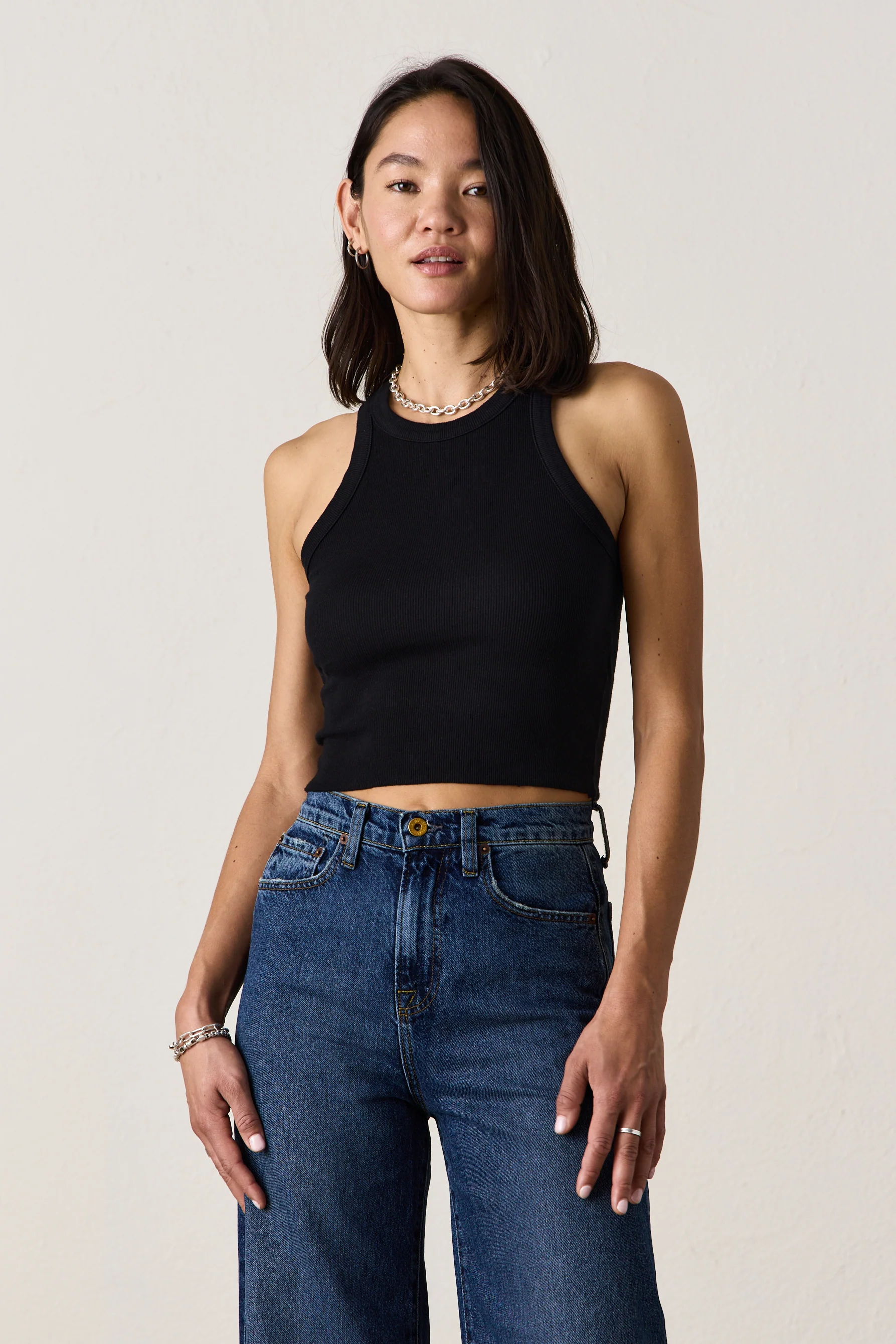 NSF Amaya Fitted Crop Rib Tank - Black - Renuaun