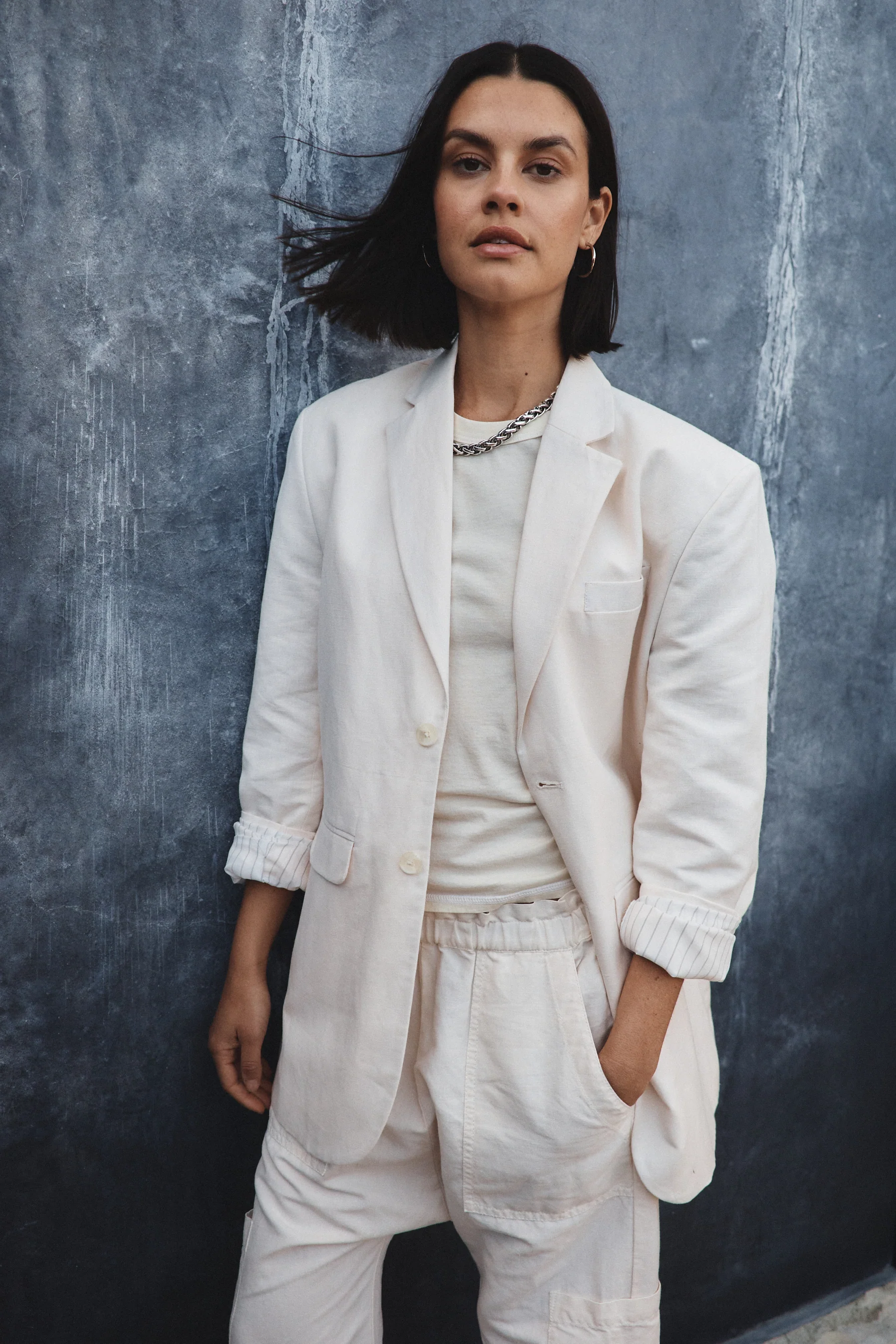 NSF Lawrence Oversize Linen Cotton Blazer - Ivory - Renuaun