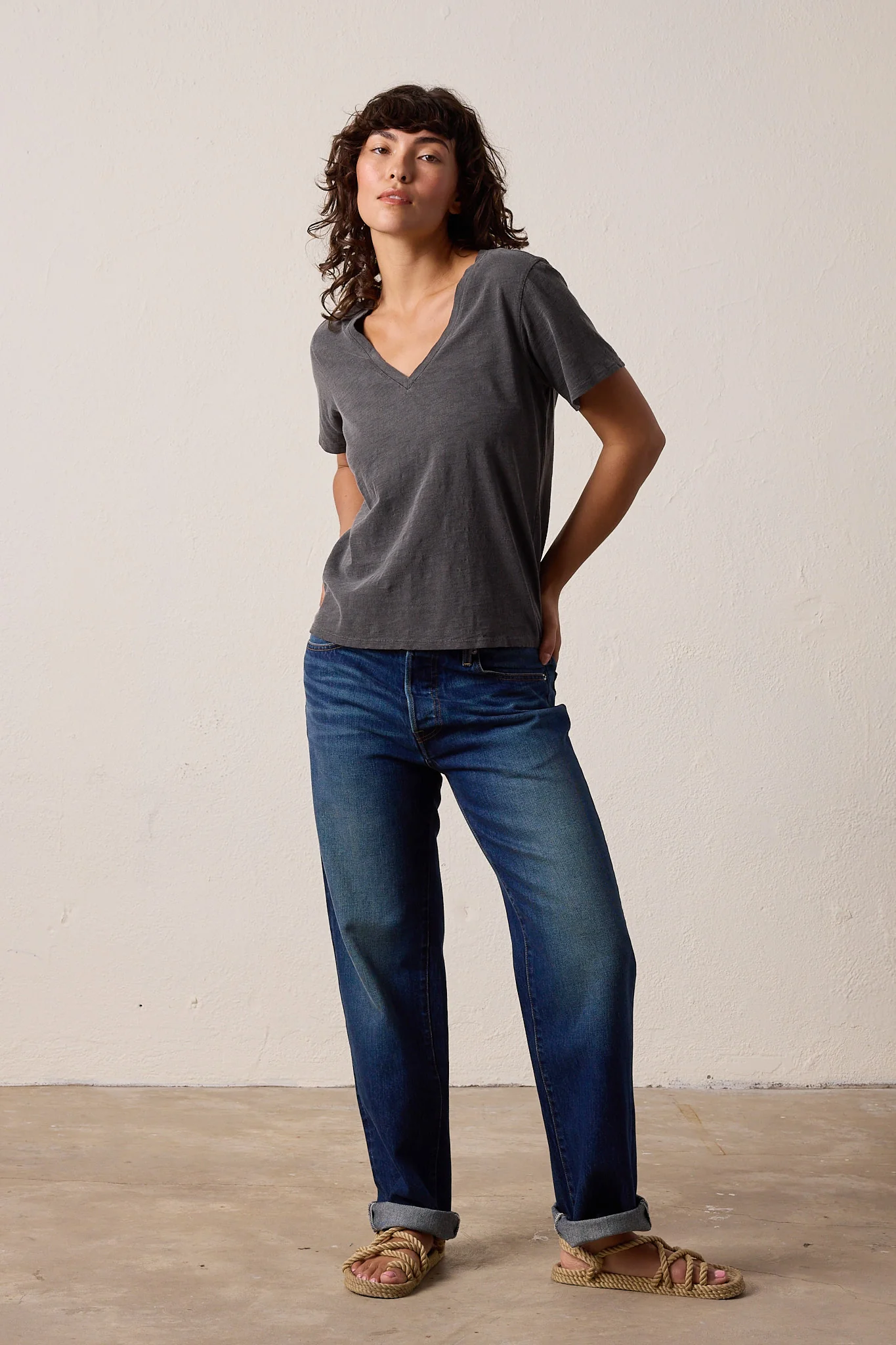 NSF Layla Relaxed V Neck Slub Jersey Tee - Faded Black - Renuaun