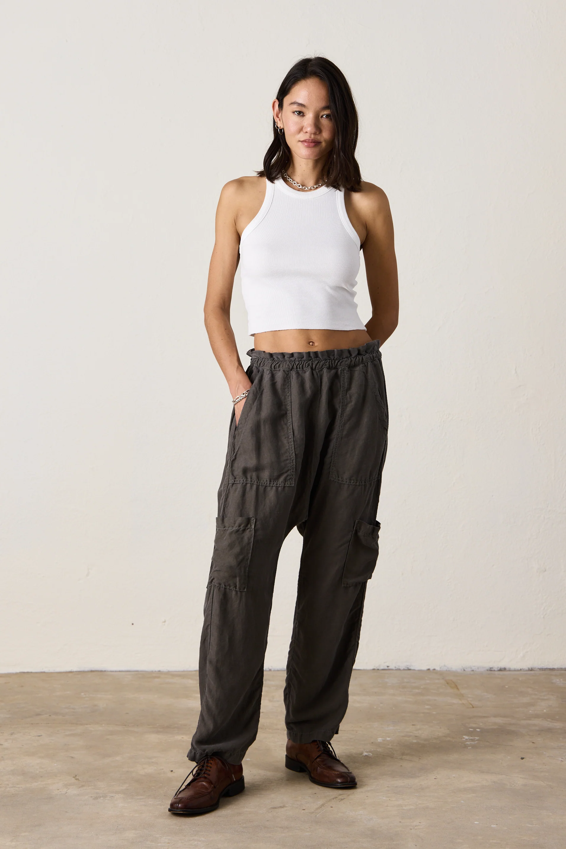 NSF Shailey Paperbag Waist Lyocell Linen Pant - Olive - Renuaun