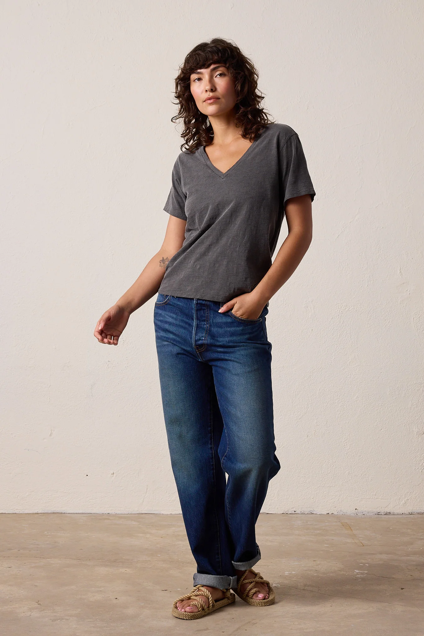 NSF Layla Relaxed V Neck Slub Jersey Tee - Faded Black - Renuaun