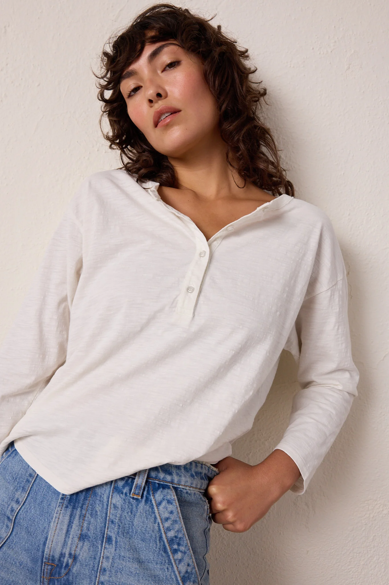 NSF Hazel Boxy Slub Jersey Henley - Soft White - Renuaun