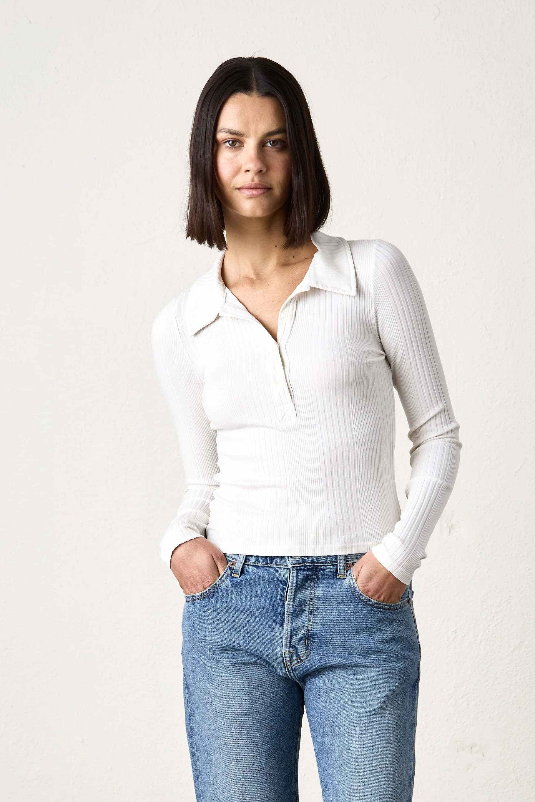 ALI FITTED VARIEGATED RIB POLO / SOFT WHITE - Renuaun