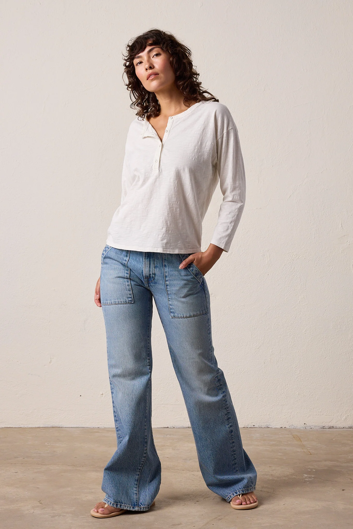 NSF Hazel Boxy Slub Jersey Henley - Soft White - Renuaun