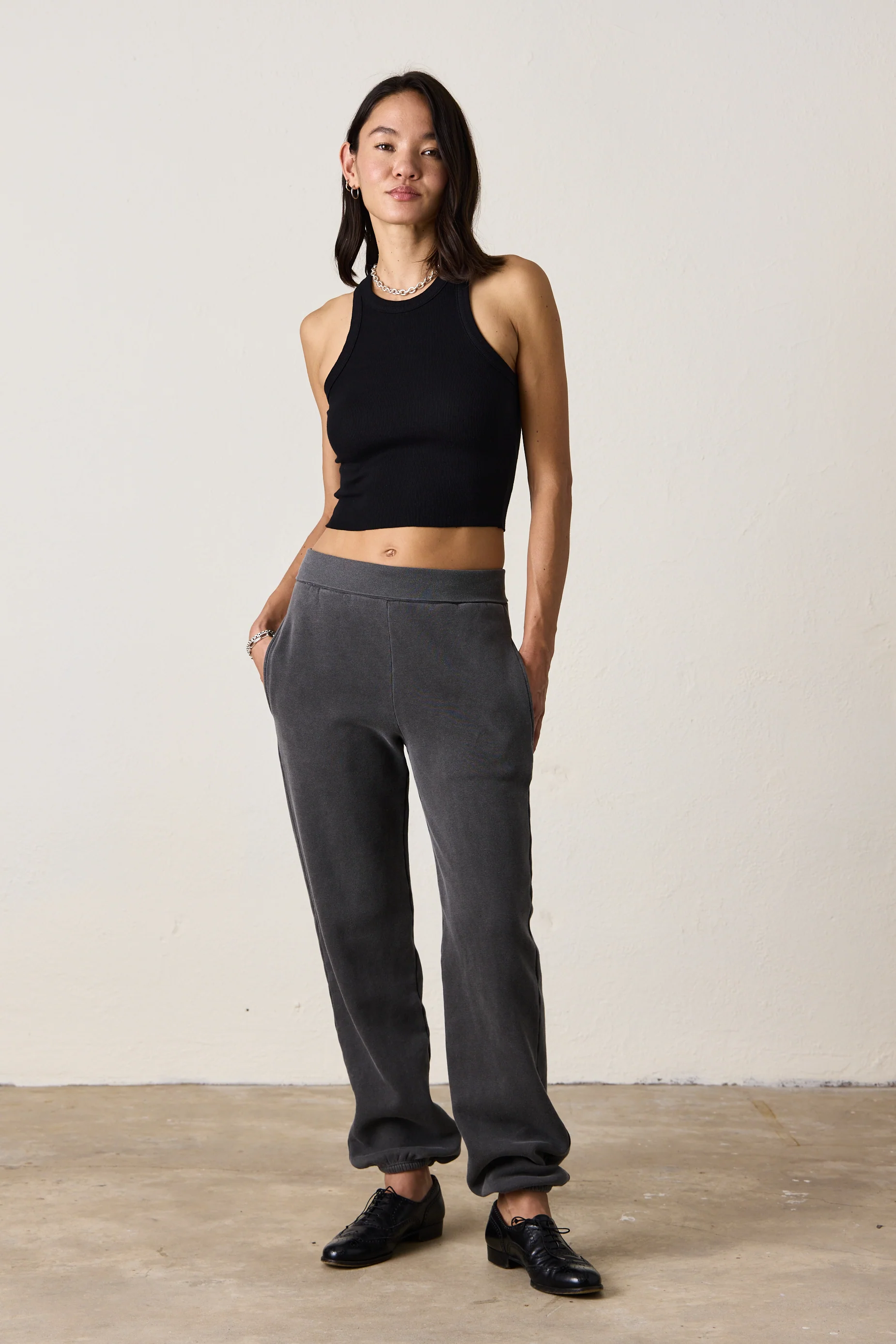 BLAKES RIB WAISTED COZY FLEECE SWEATPANT / FADED BLACK - Renuaun