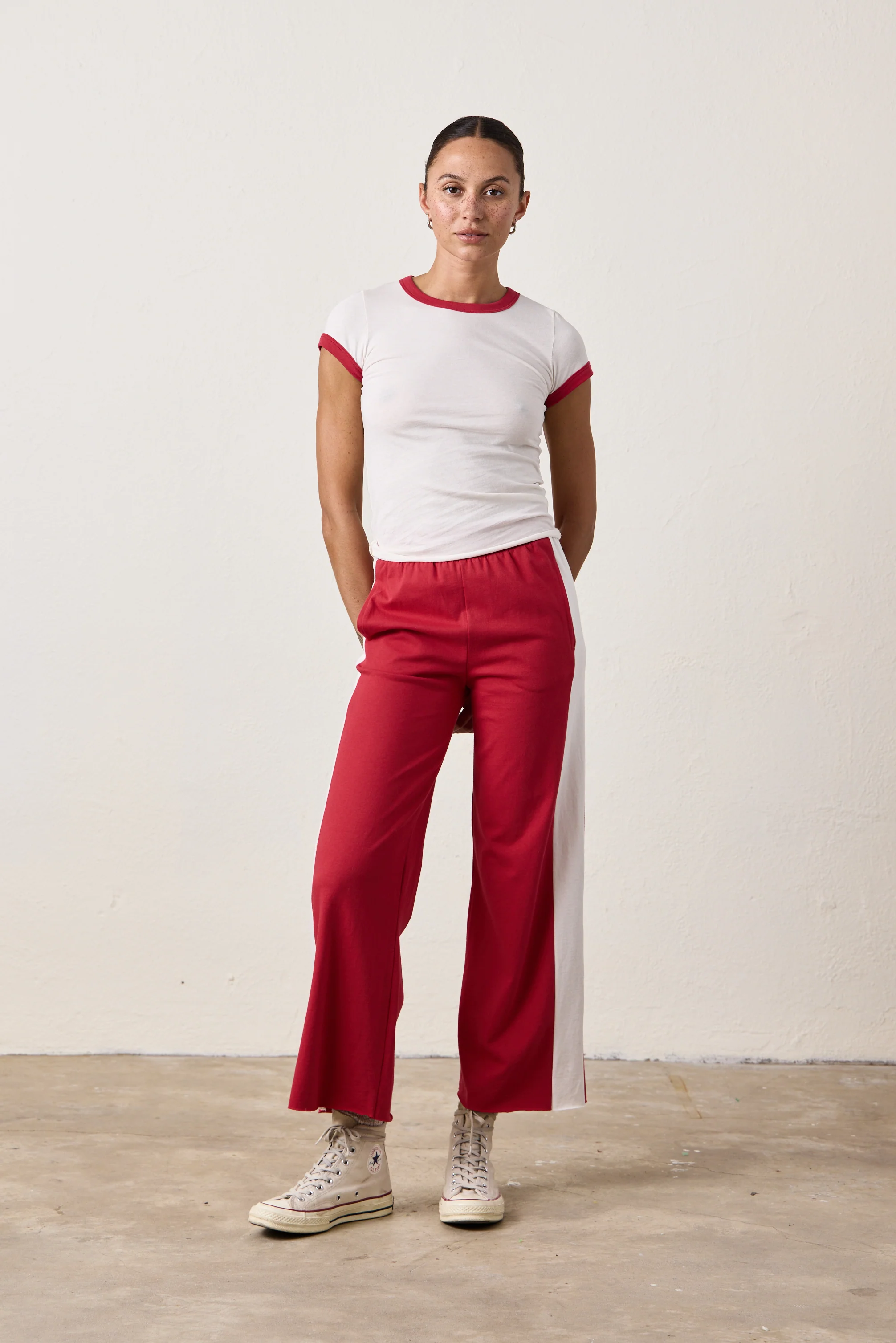 RILEY WIDE LEG JERSEY PANT / RED/IVORY - Renuaun