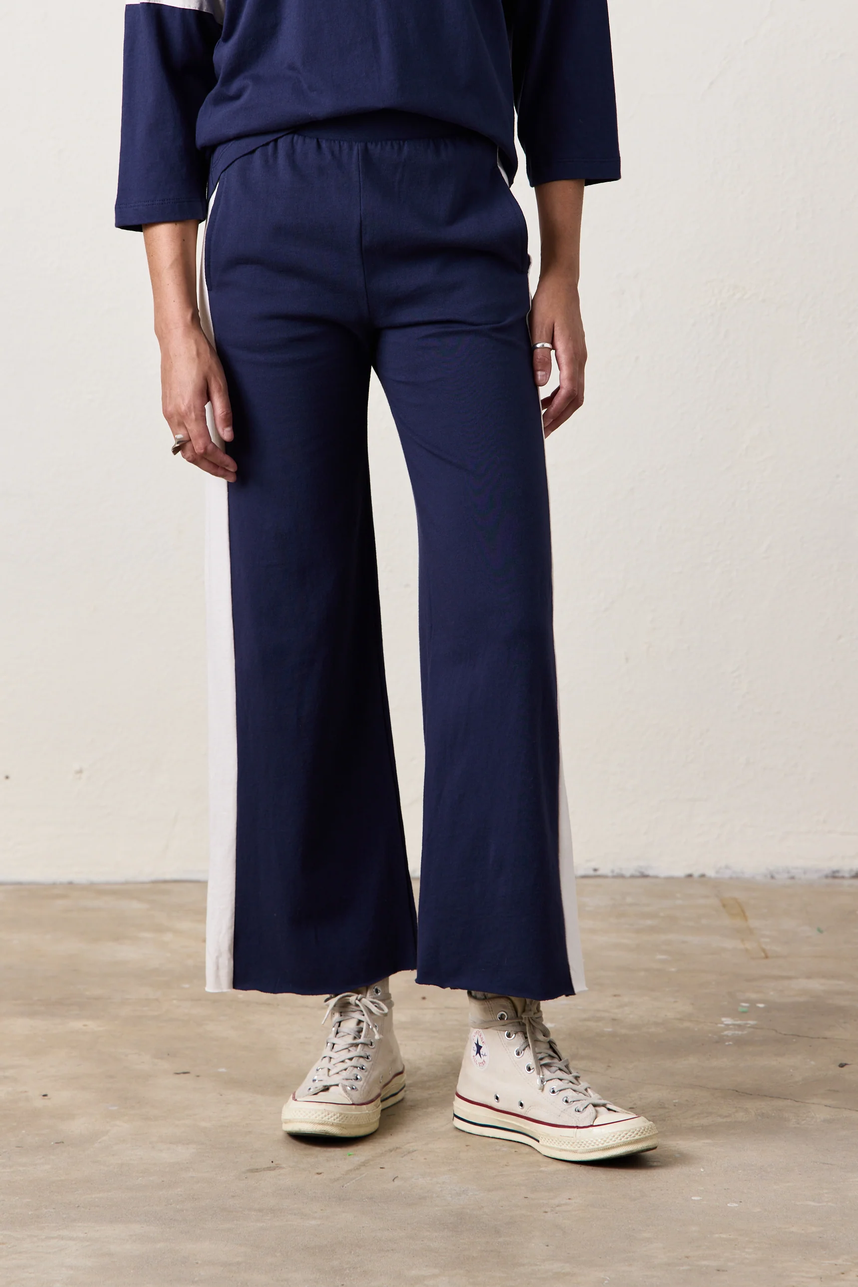 RILEY WIDE LEG JERSEY PANT / NAVY/IVORY - Renuaun