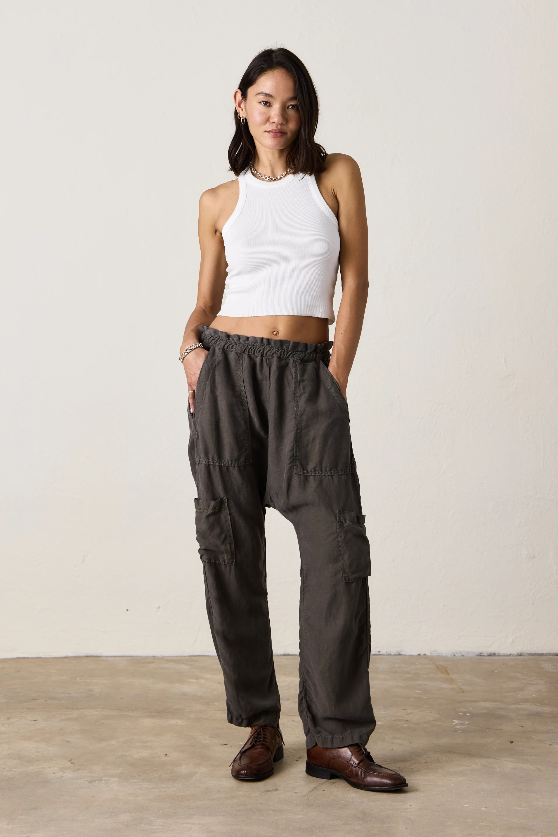 NSF Shailey Paperbag Waist Lyocell Linen Pant - Olive - Renuaun