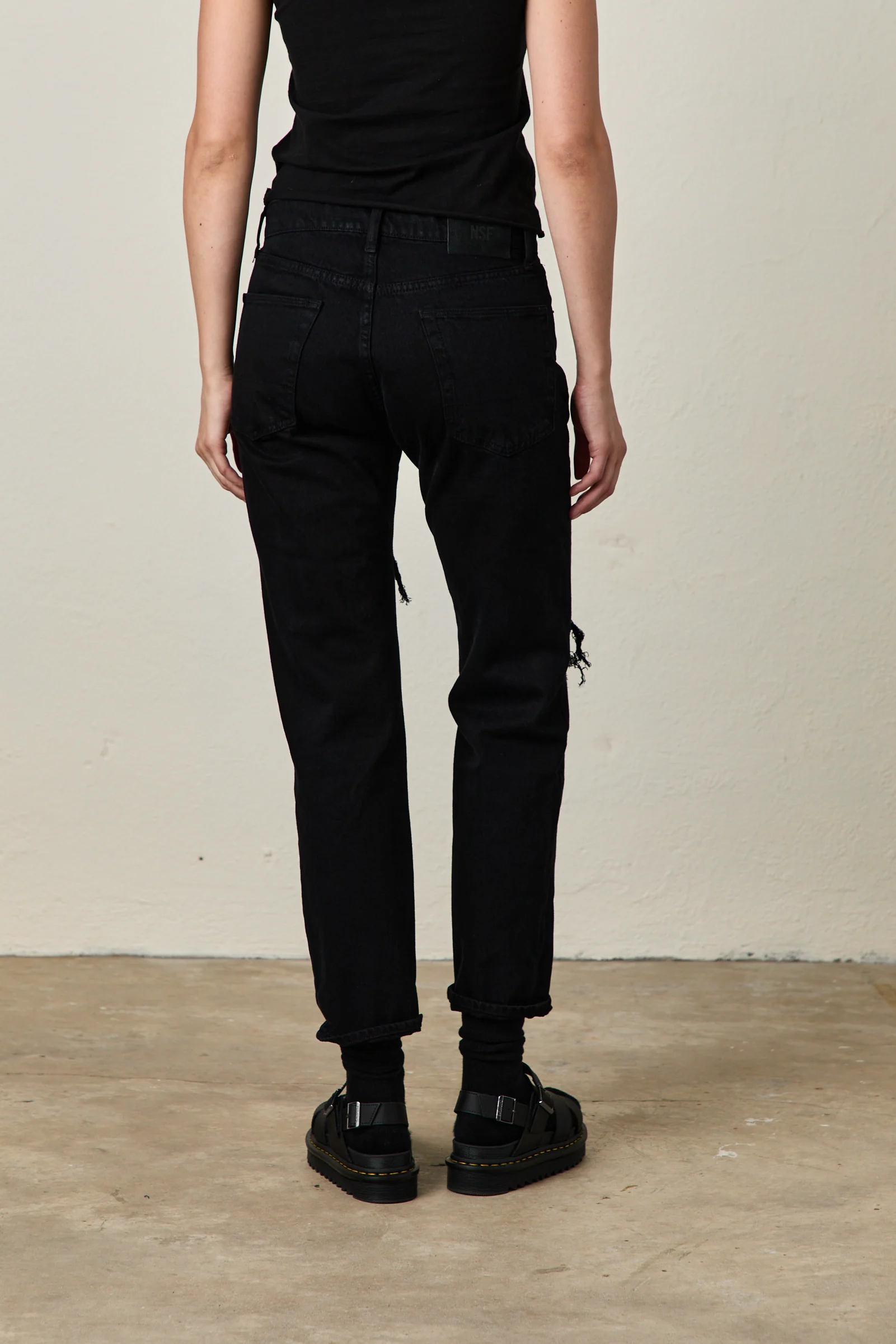 NSF Owen Mid Rise Slim Straight Jean -Over Dye Black Destroy - Renuaun