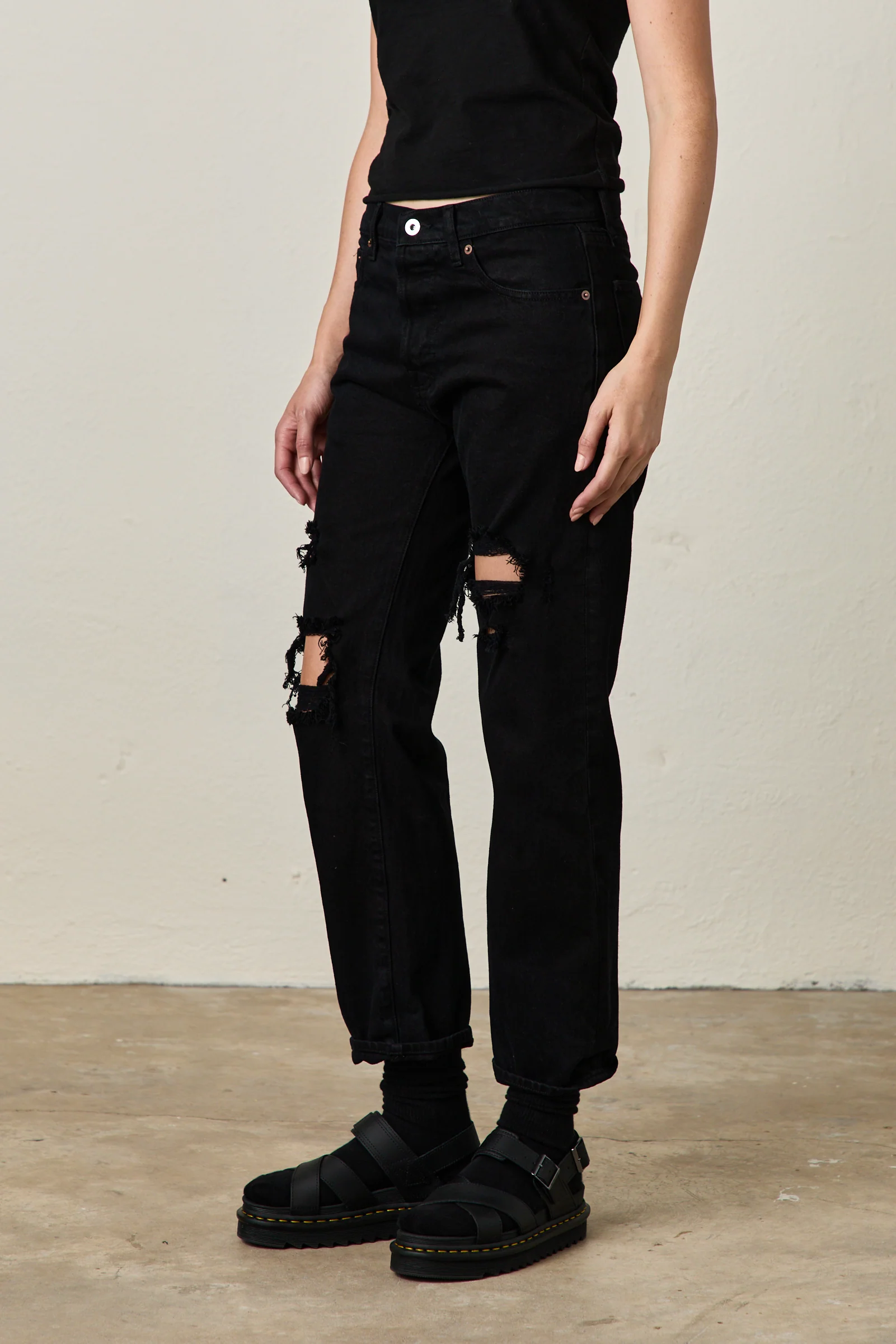 NSF Owen Mid Rise Slim Straight Jean -Over Dye Black Destroy - Renuaun