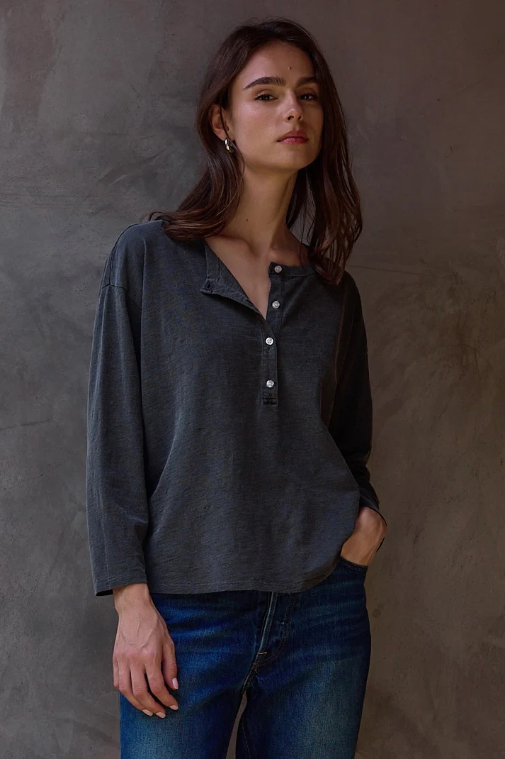 NSF Hazel Boxy Slub Jersey Henley - Faded Black - Renuaun
