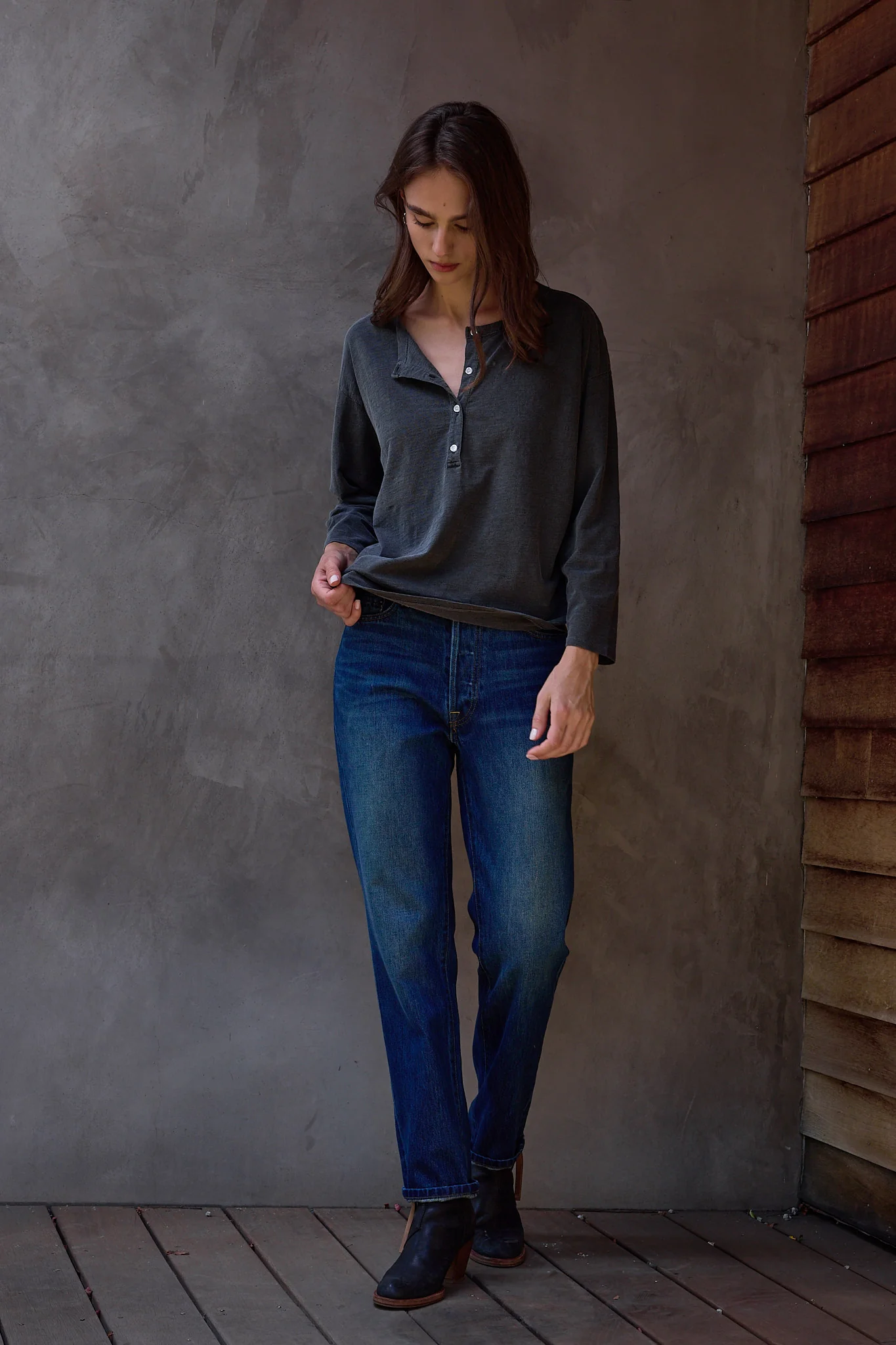 NSF Hazel Boxy Slub Jersey Henley - Faded Black - Renuaun