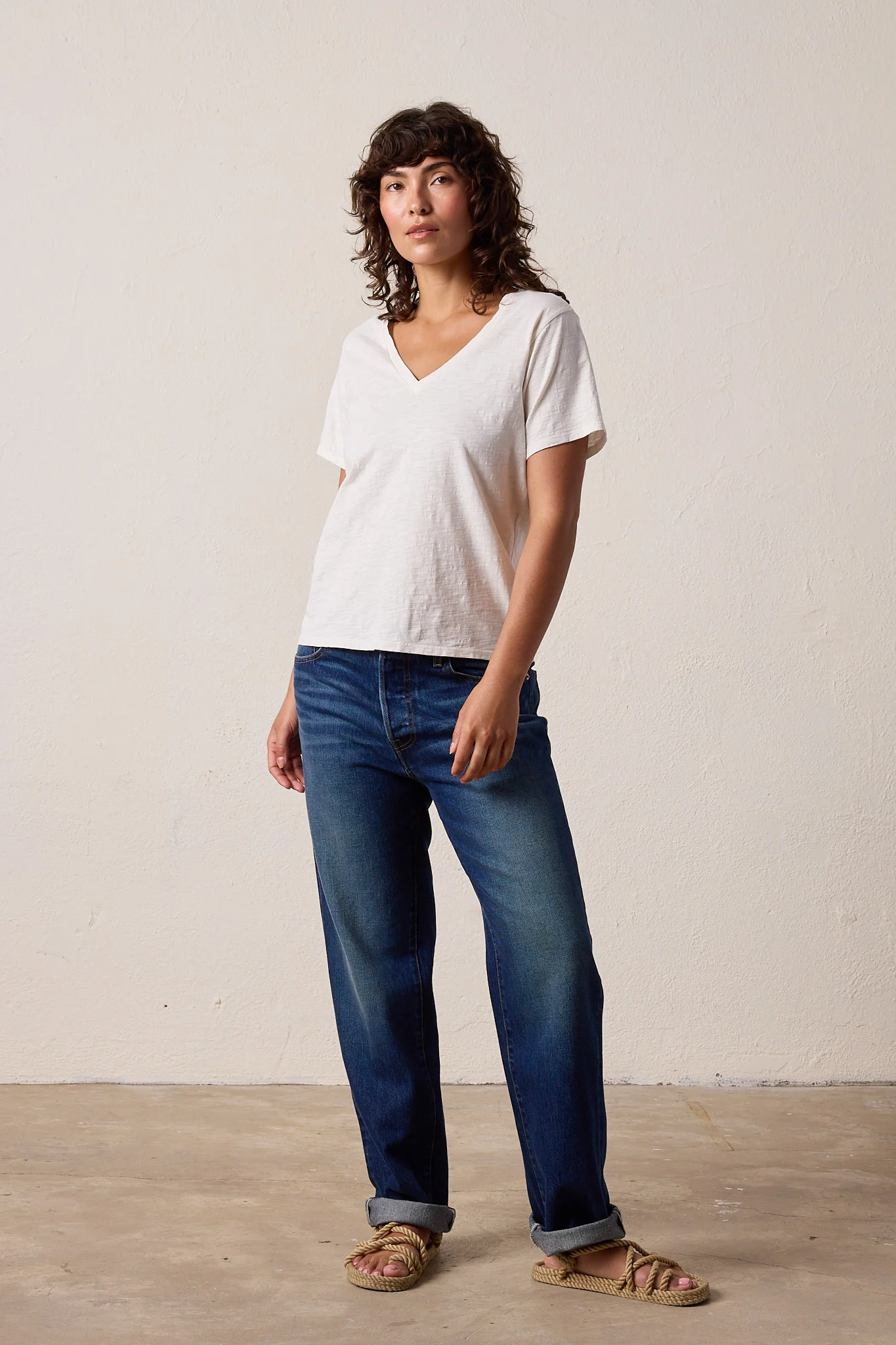 NSF Layla Relaxed V Neck Slub Jersey Tee - Soft White - Renuaun