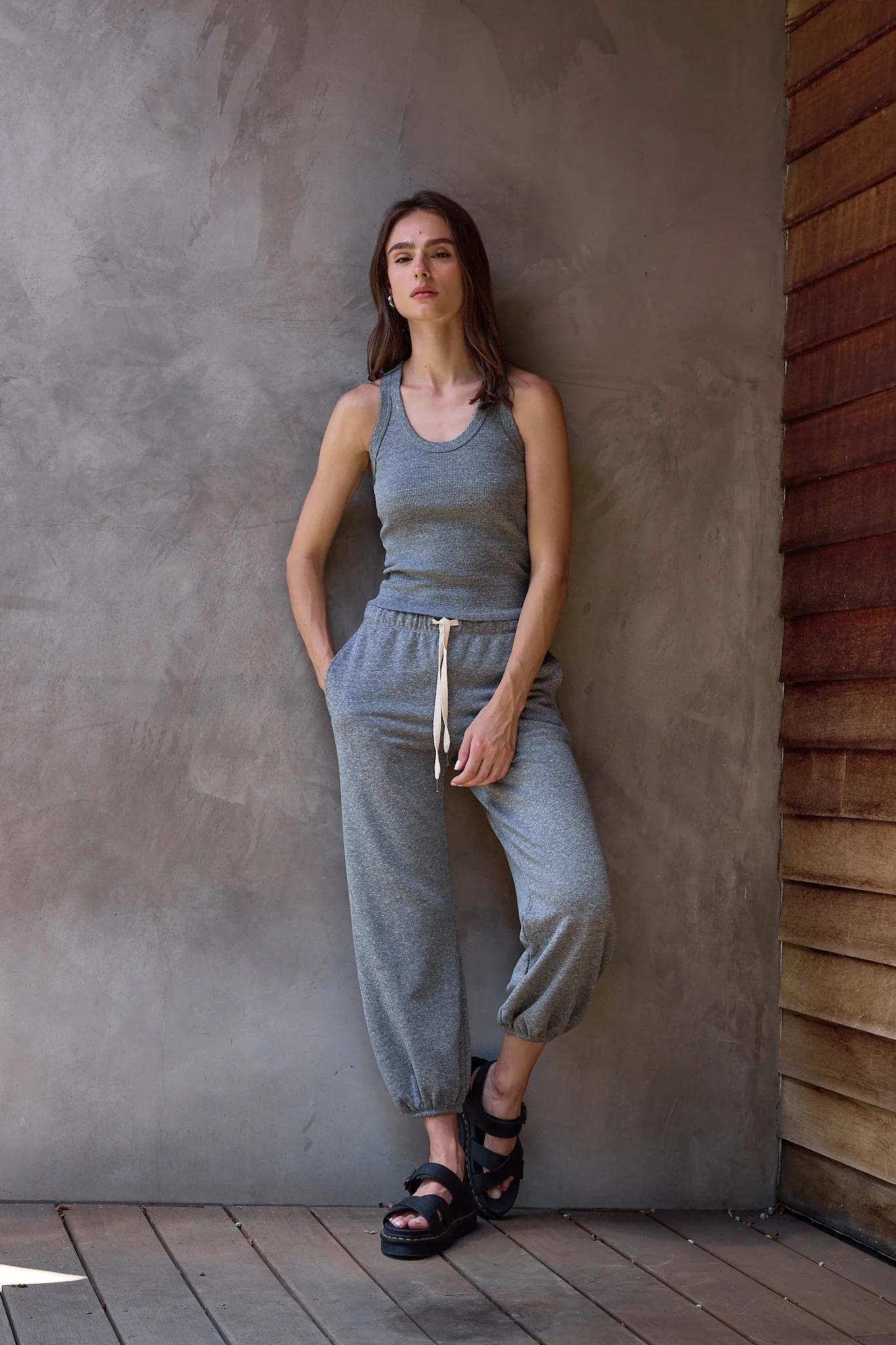 NSF Violet Fitted Melange Rib U Neck Tank - Charcoal Heather Gray - Renuaun