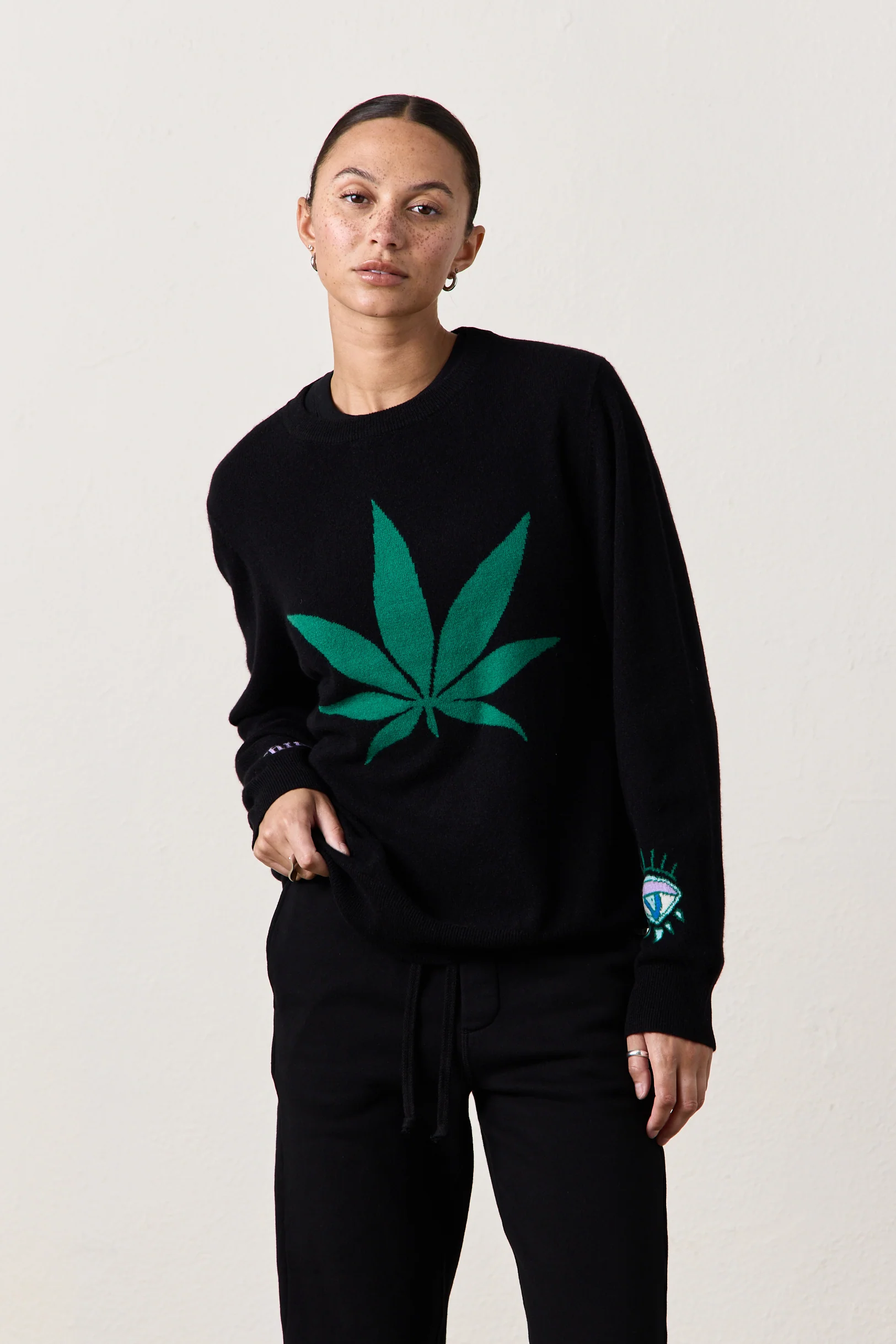 NSF X Jacquie Aiche Sweet Leaf Cashmere Crew - Black - Renuaun