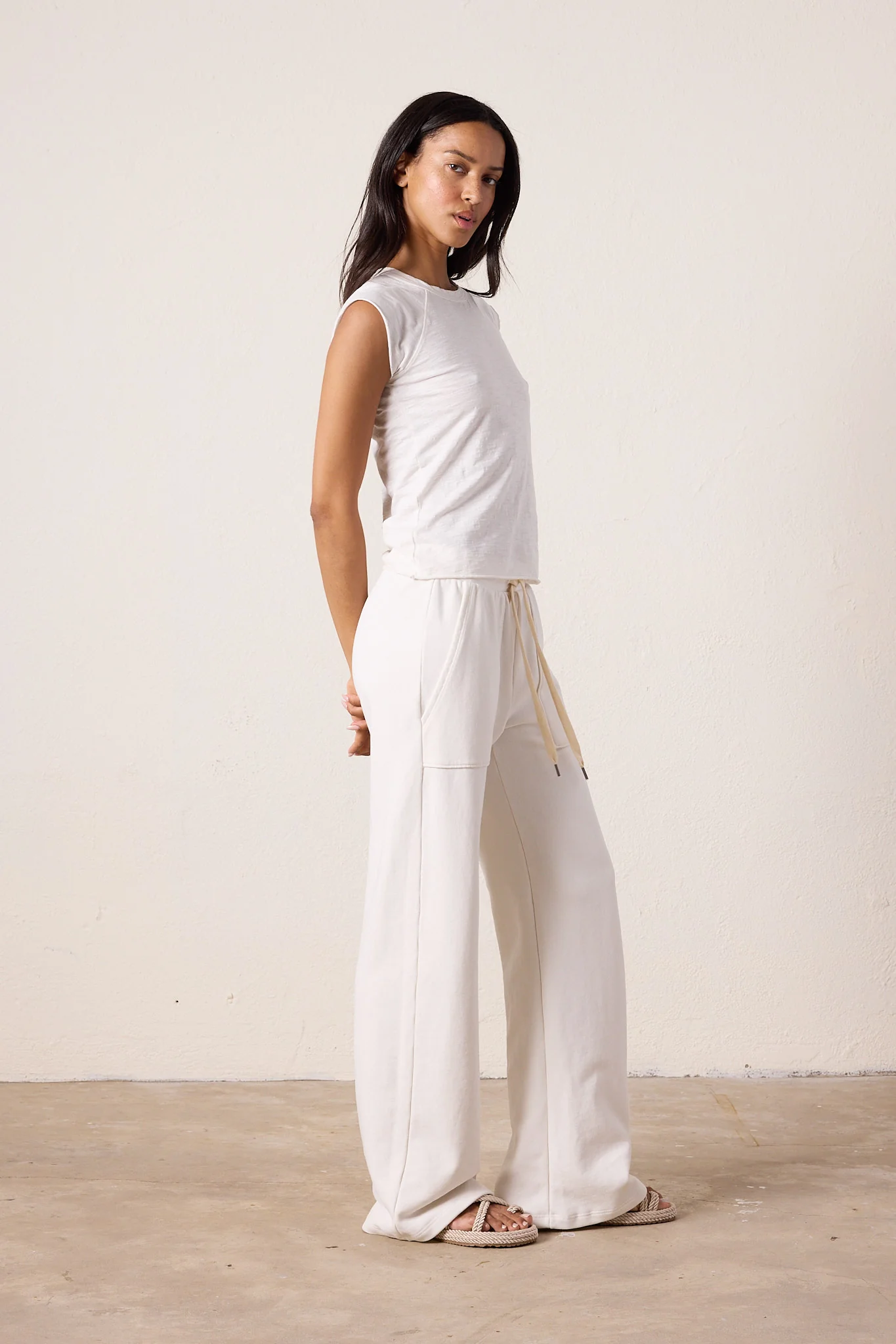 NSF Franky Wide Leg Loop Terry Sweatpant - Soft White - Renuaun