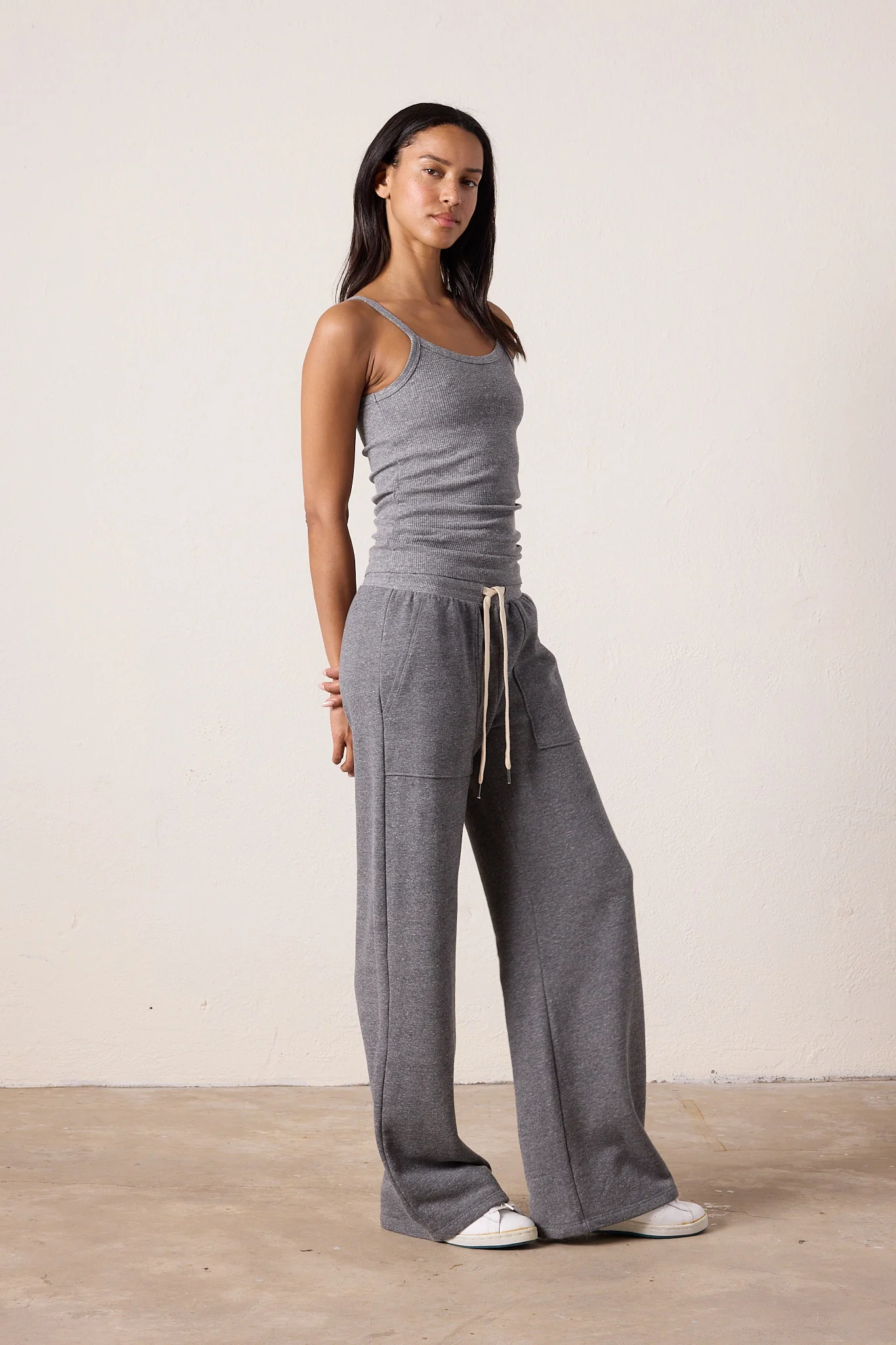 NSF Franky Wide Leg Melange Terry Sweatpant - Charcoal Heather Gray - Renuaun
