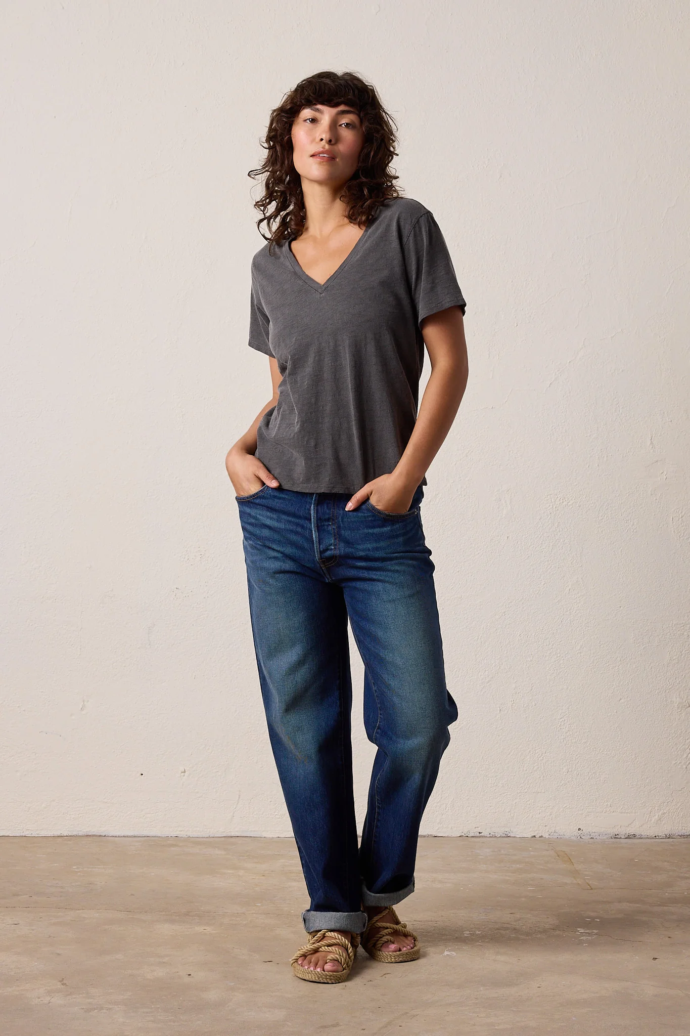 NSF Layla Relaxed V Neck Slub Jersey Tee - Faded Black - Renuaun