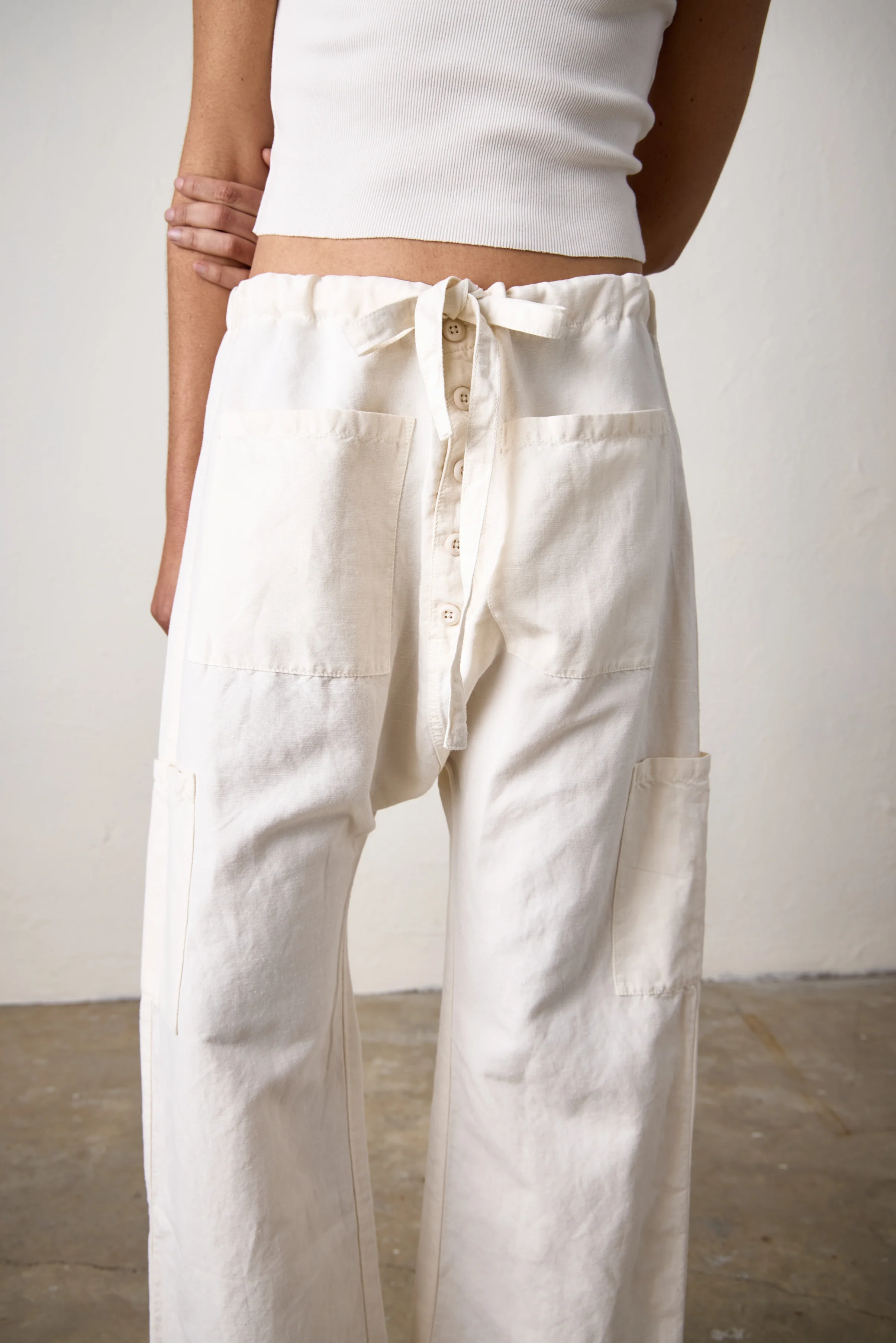 NSF Carlson Linen Cotton Tie Pant - Ivory - Renuaun
