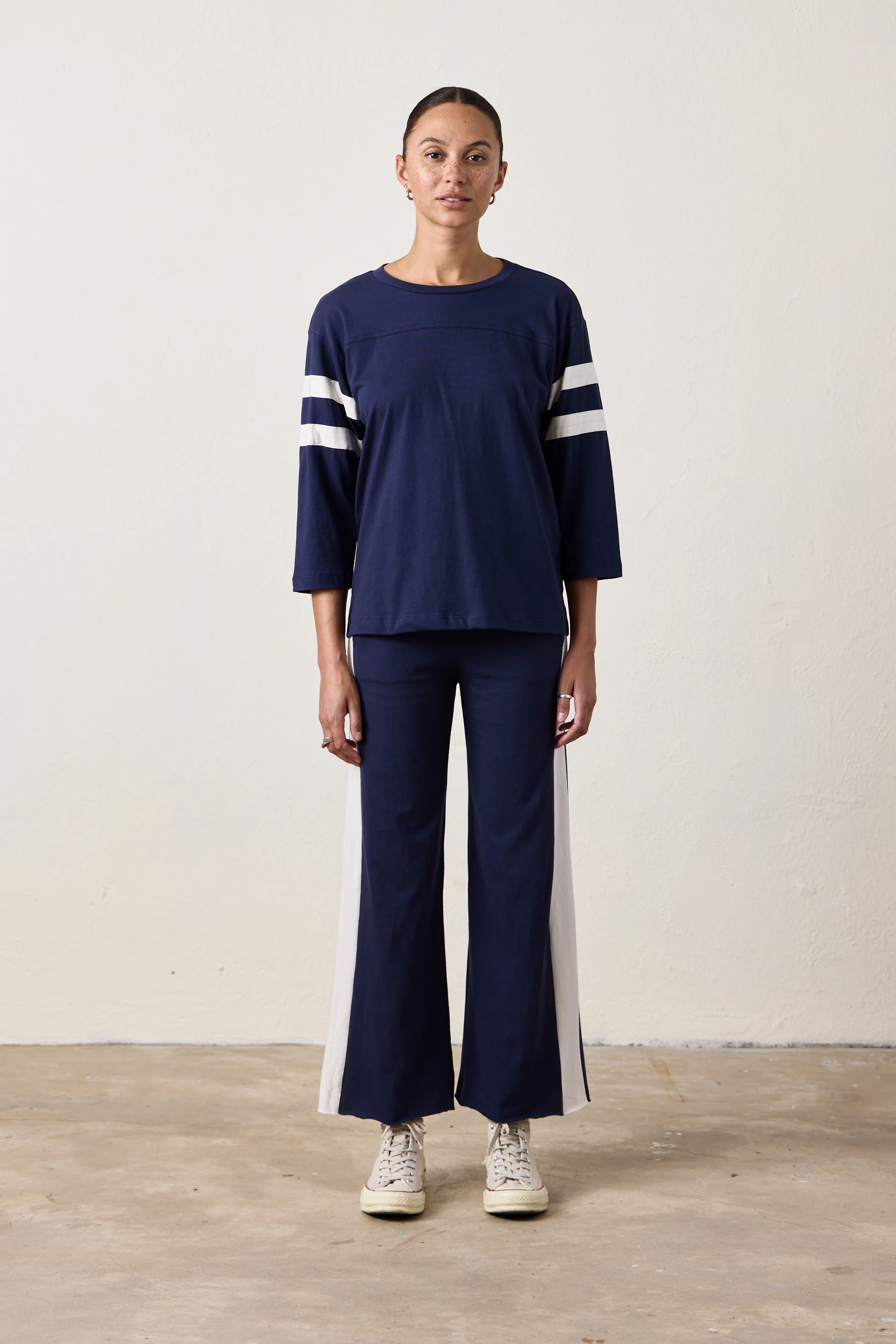 RILEY WIDE LEG JERSEY PANT / NAVY/IVORY - Renuaun