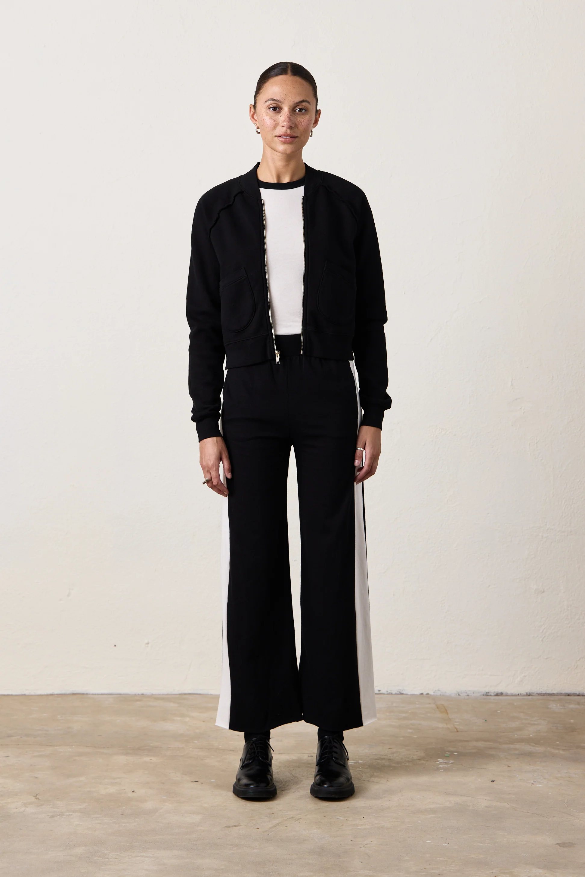 RILEY WIDE LEG JERSEY PANT / BLACK/IVORY - Renuaun