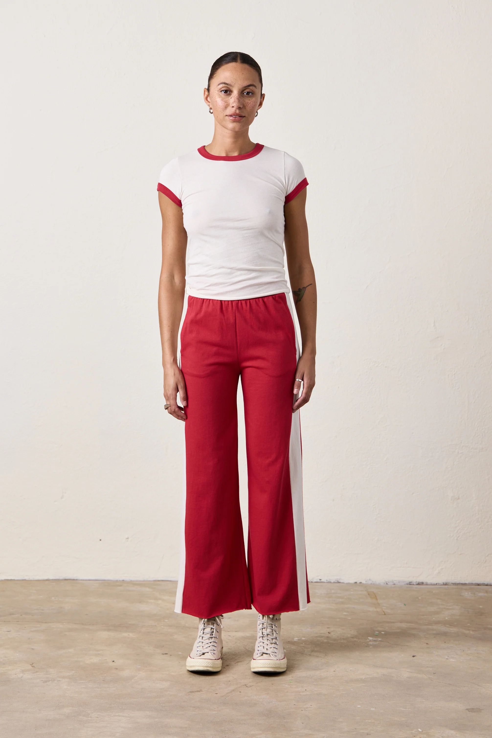 RILEY WIDE LEG JERSEY PANT / RED/IVORY - Renuaun