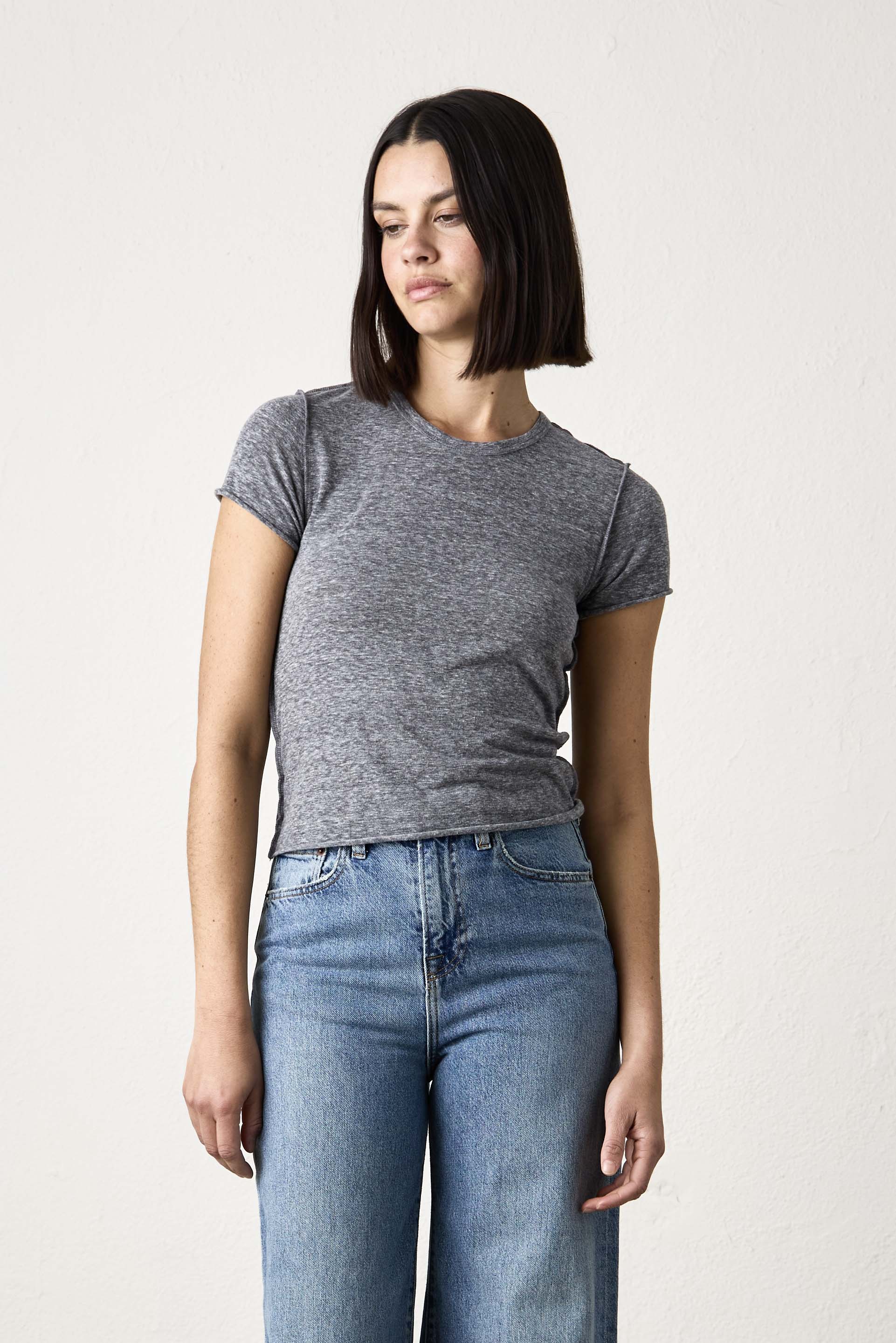 NSF Tara Melange Jersey Mini Crew Tee - Charcoal Heather Gray - Renuaun