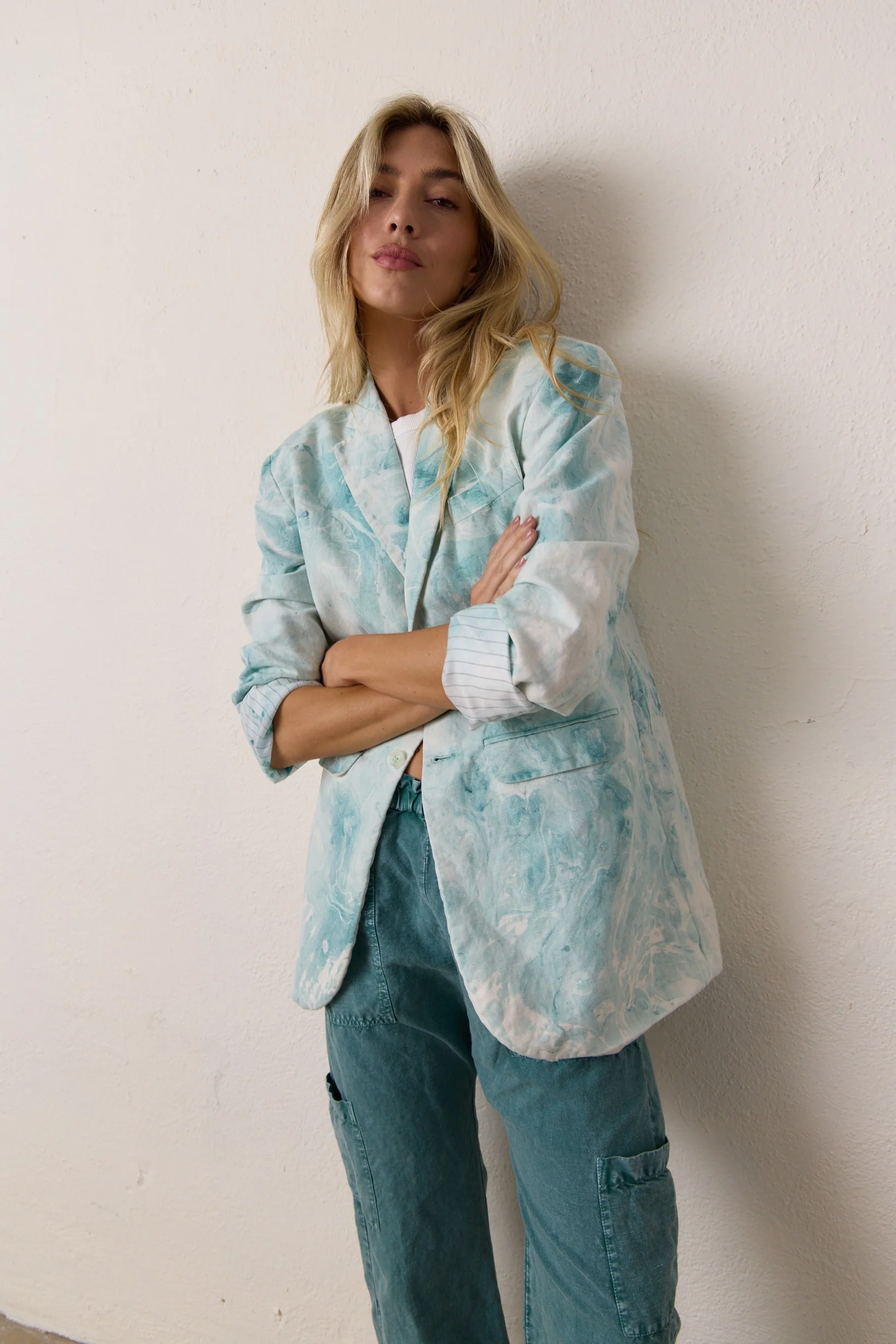 NSF Seville Slouchy Linen Cotton Marbled Blazer - Teal Marble - Renuaun