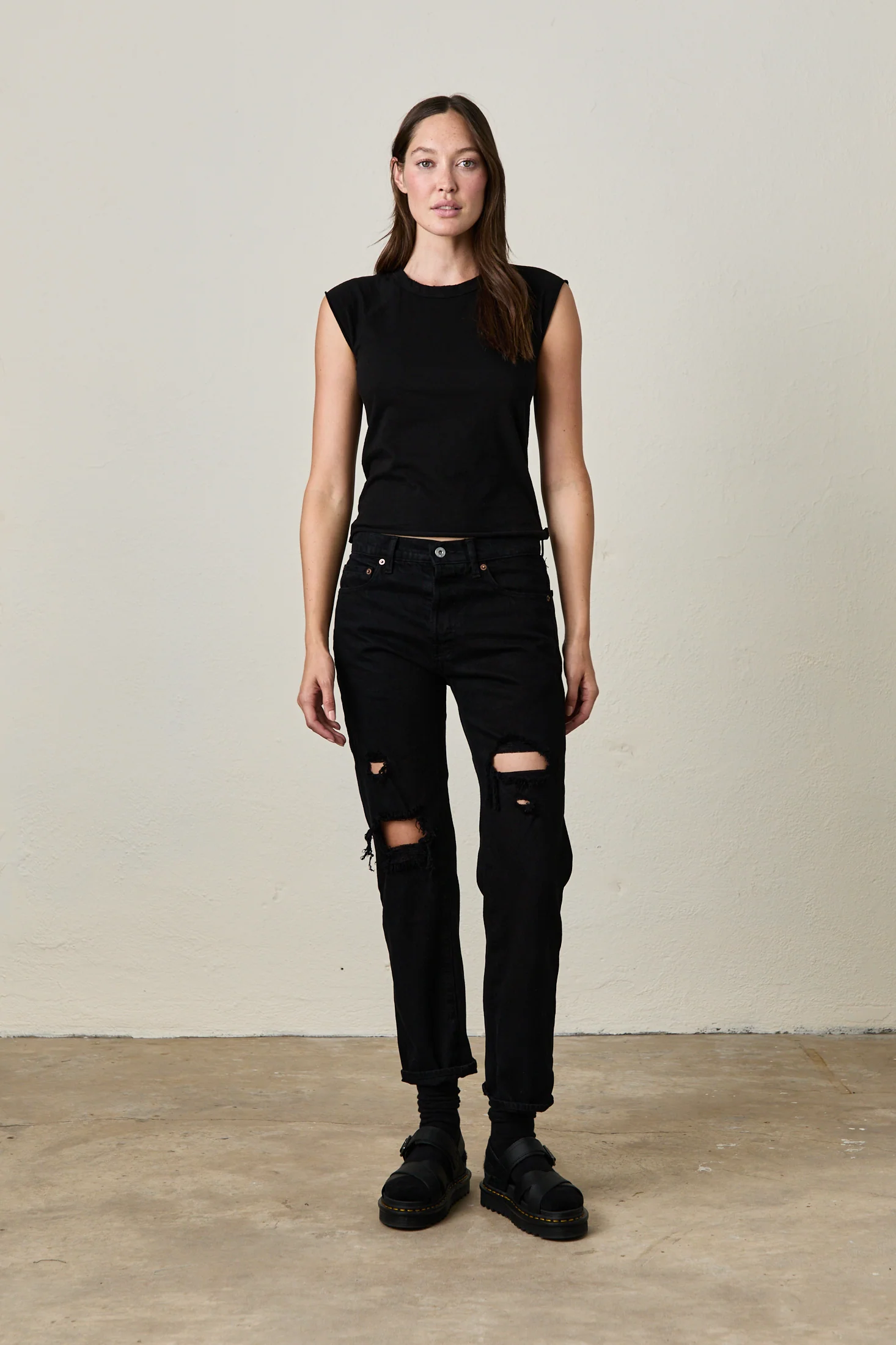 NSF Owen Mid Rise Slim Straight Jean -Over Dye Black Destroy - Renuaun