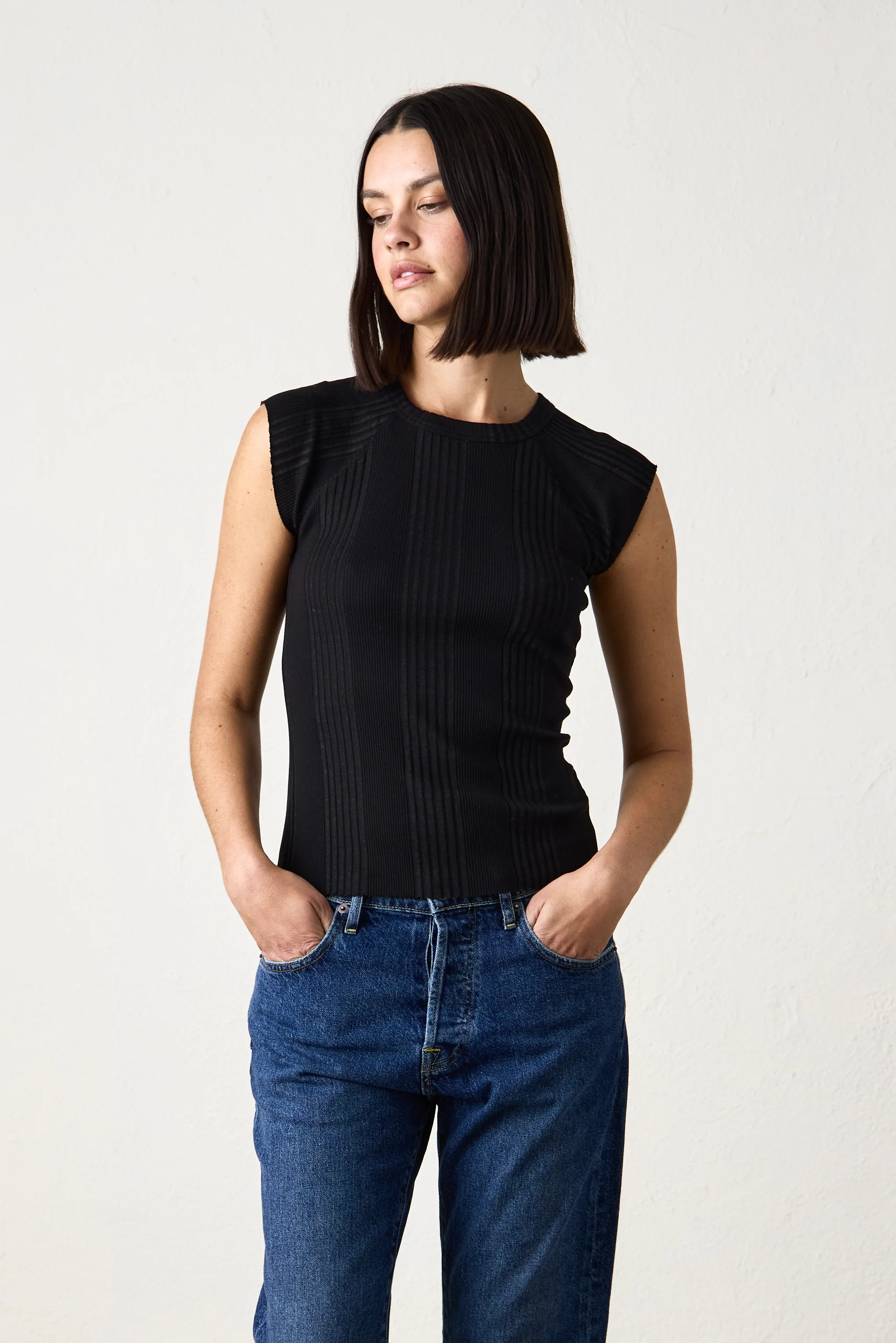 CHLOE FITTED VARIEGATED RIB TEE / BLACK - Renuaun