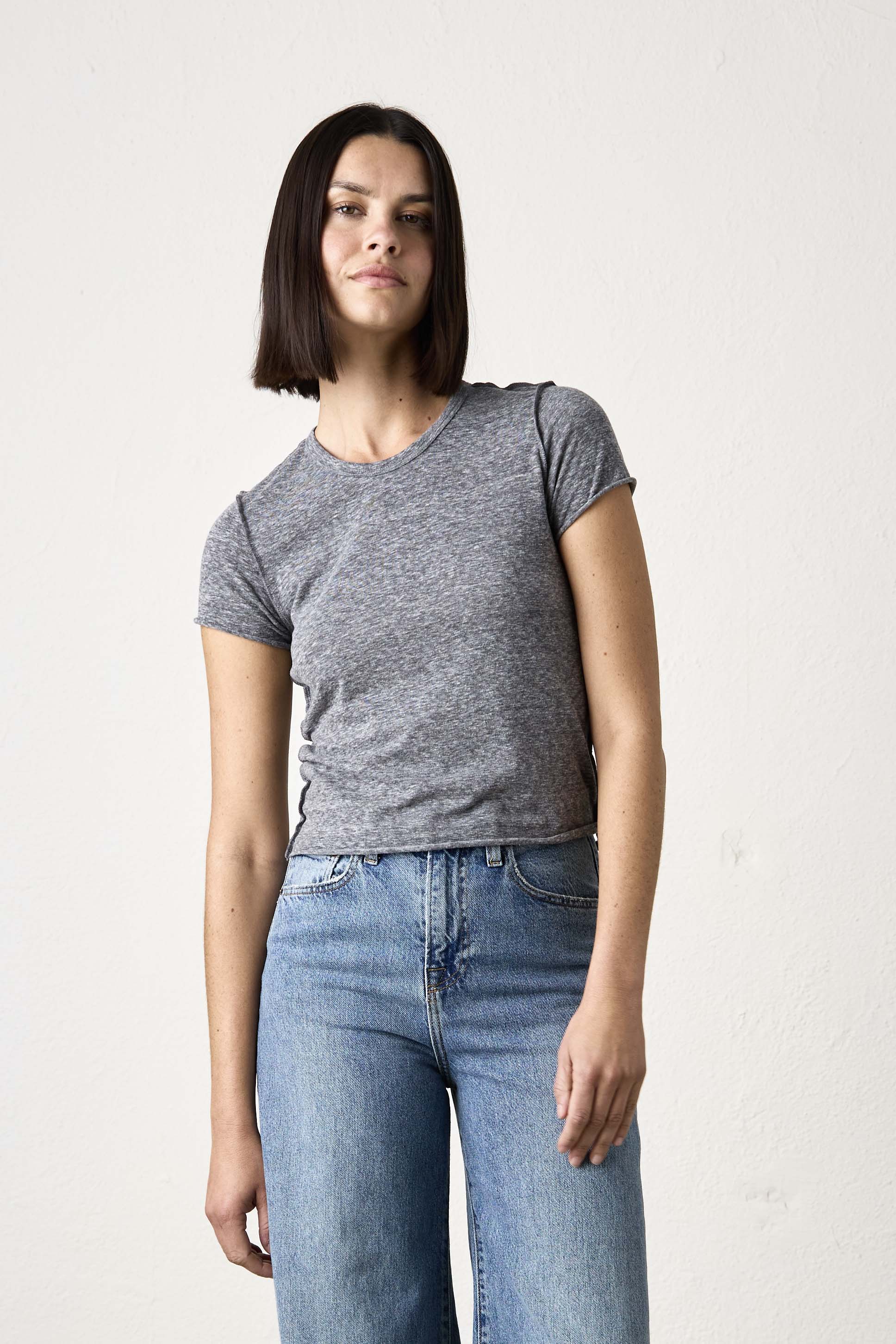 NSF Tara Melange Jersey Mini Crew Tee - Charcoal Heather Gray - Renuaun