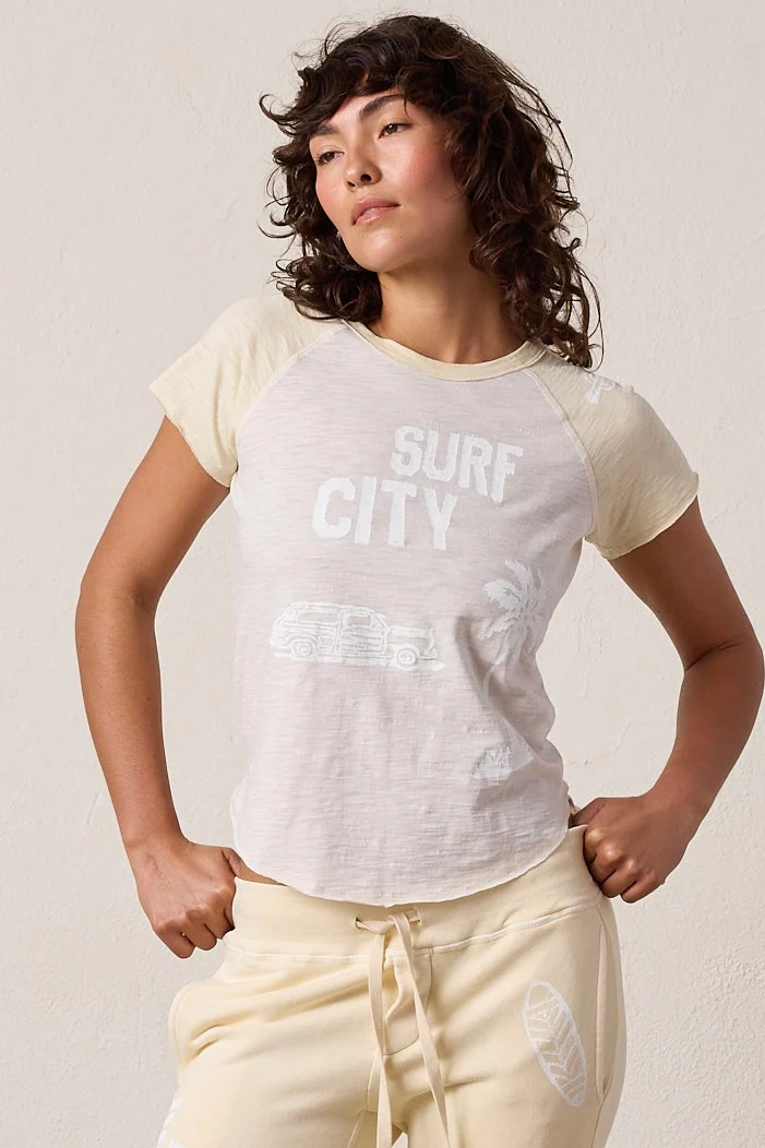 NSF Tommy Slub Jersey Surf City Raglan Tee - Ivory/Lemonade - Renuaun