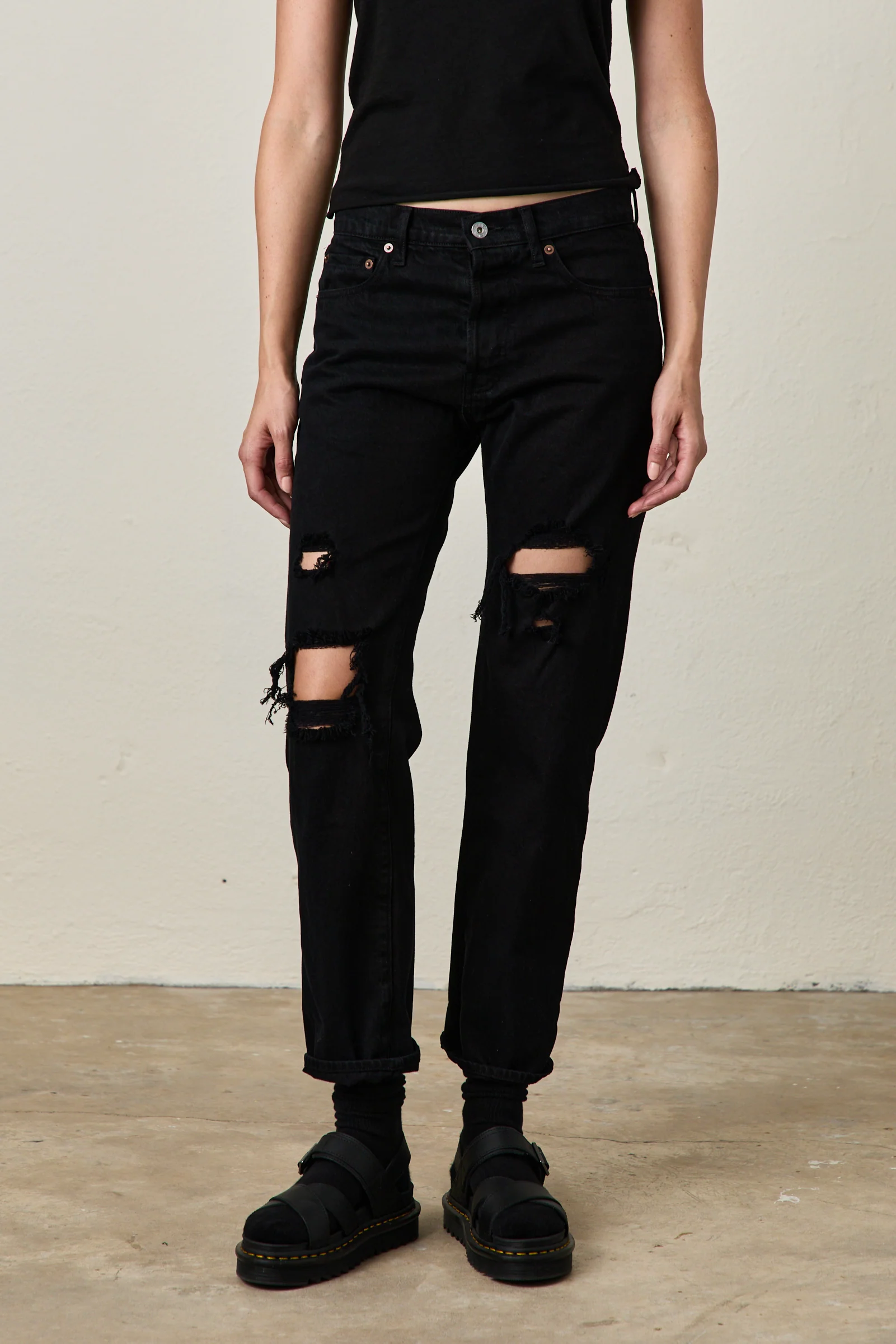 NSF Owen Mid Rise Slim Straight Jean -Over Dye Black Destroy - Renuaun