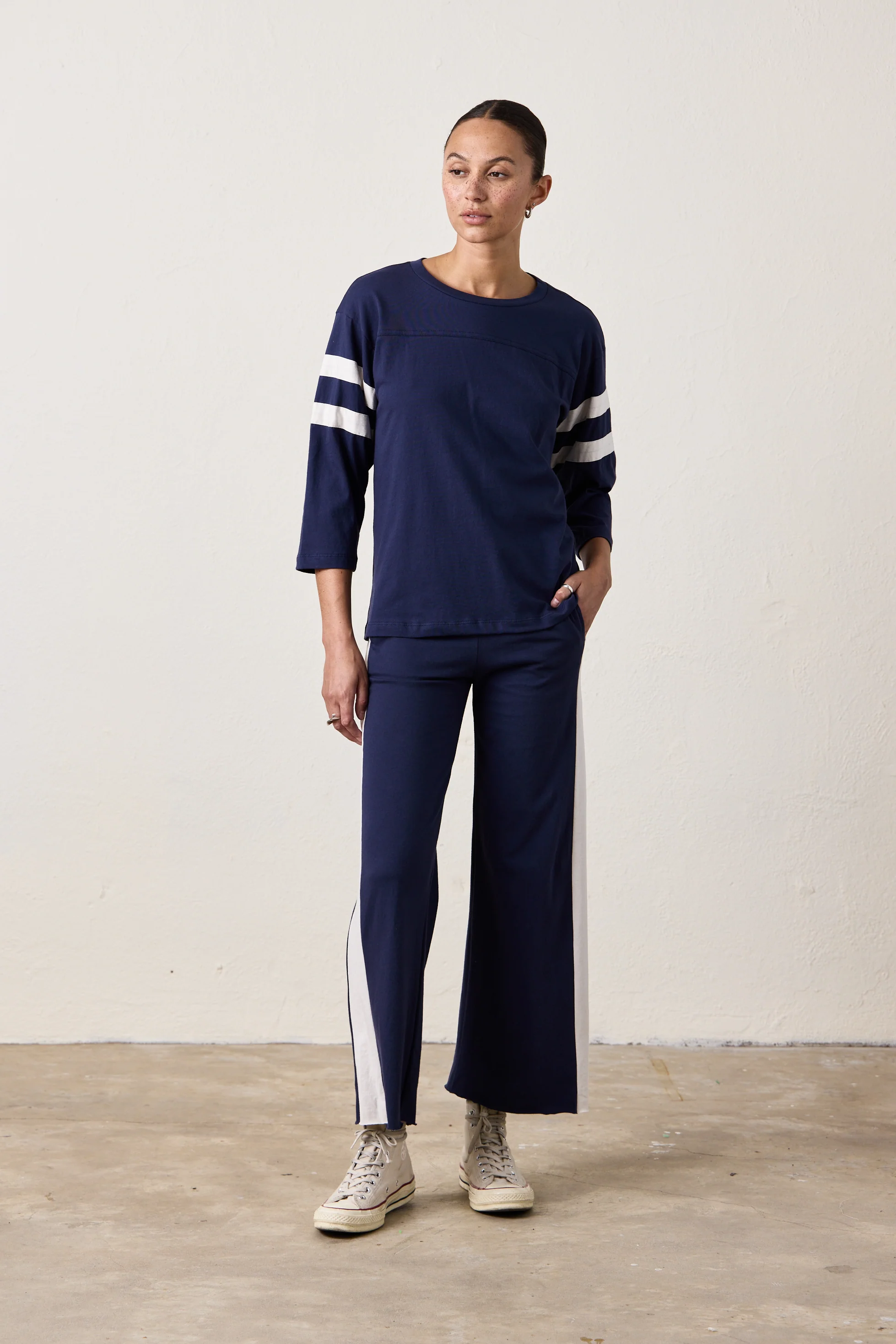 RILEY WIDE LEG JERSEY PANT / NAVY/IVORY - Renuaun