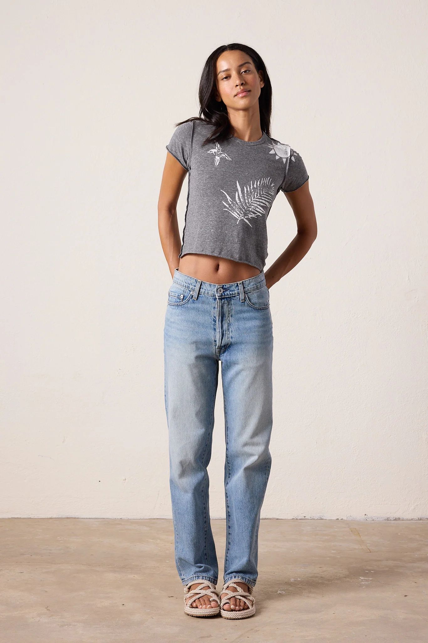 NSF Tara Melange Jersey Surf City Mini Crew Tee - Charcoal Heather Gray - Renuaun