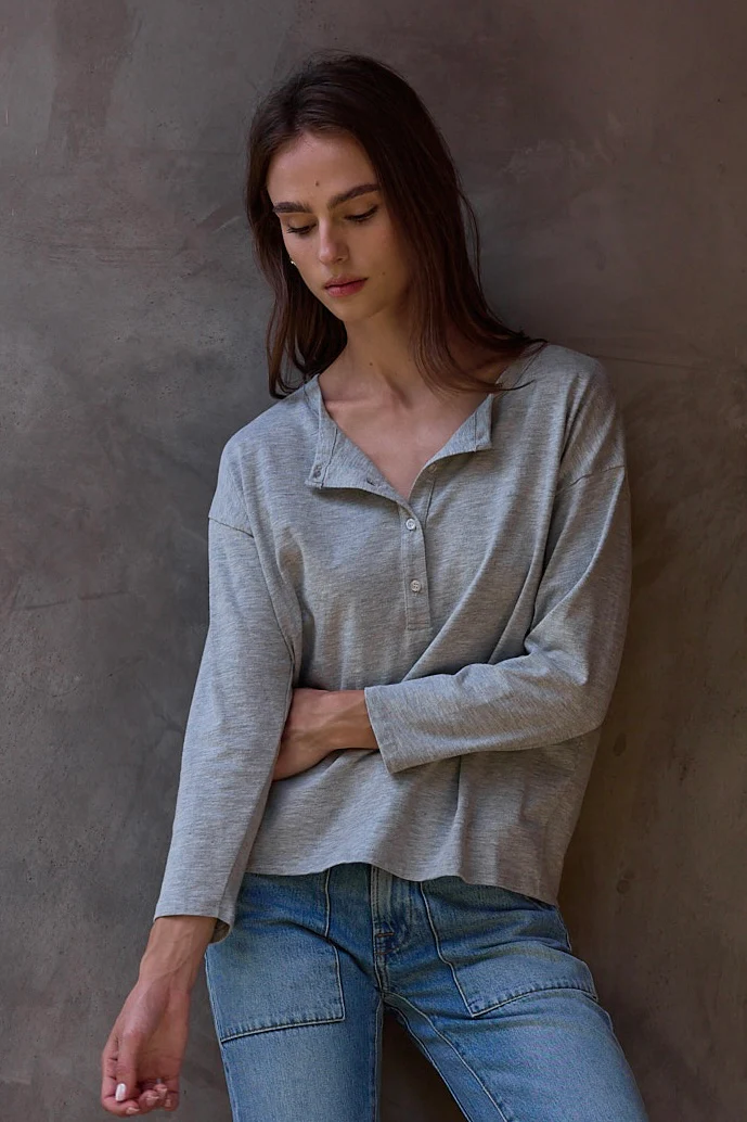 NSF Hazel Boxy Vintage Jersey Henley - Heather Gray - Renuaun