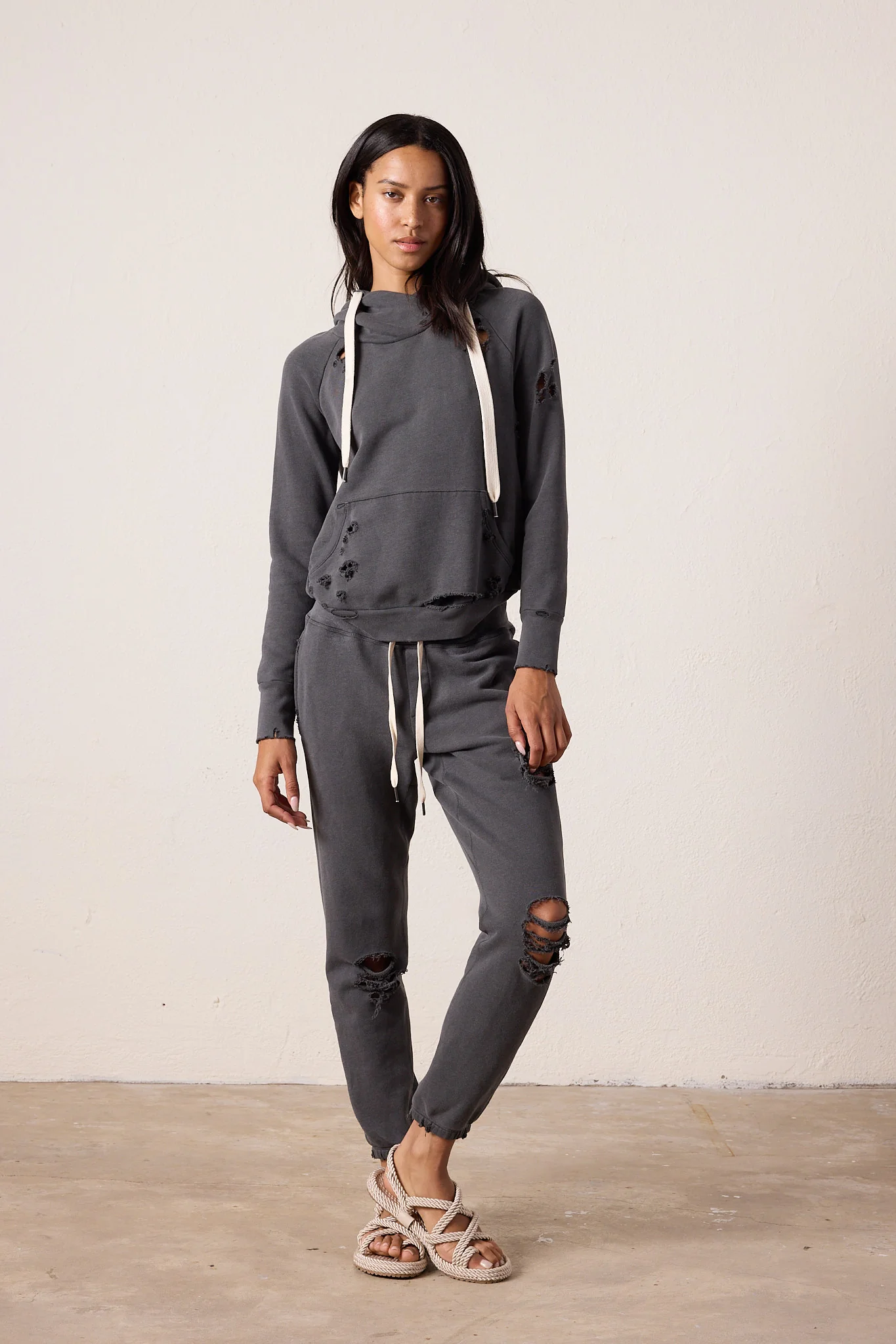 NSF Sayde Slim Destroyed Loop Terry Sweatpant - Faded Black - Renuaun