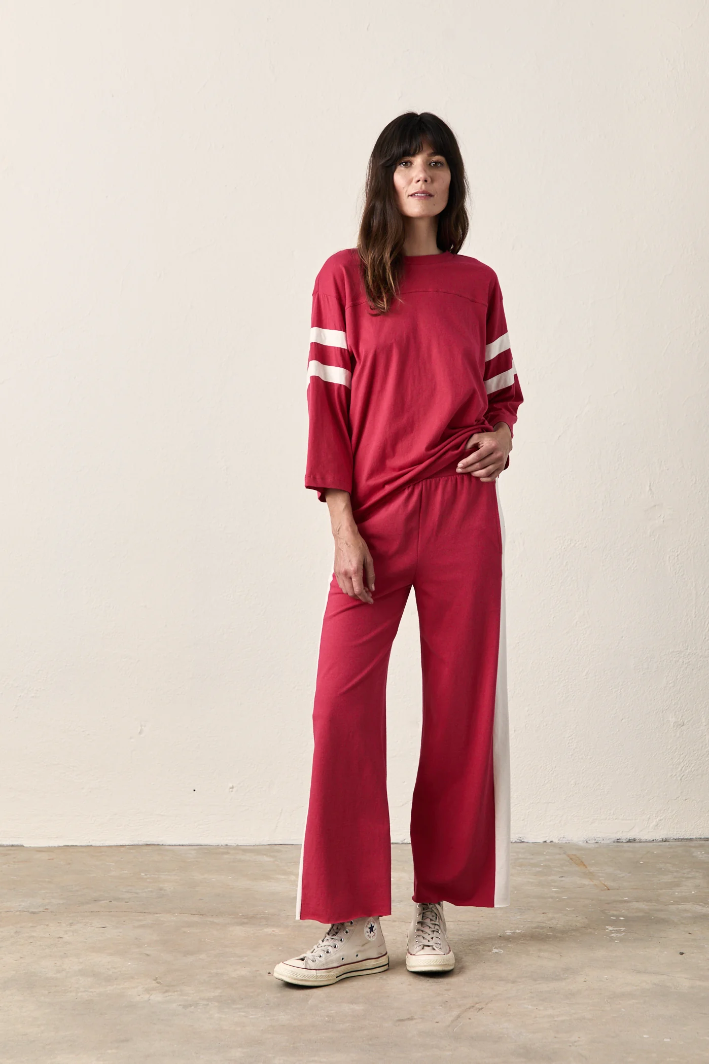 RILEY WIDE LEG JERSEY PANT / RED/IVORY - Renuaun