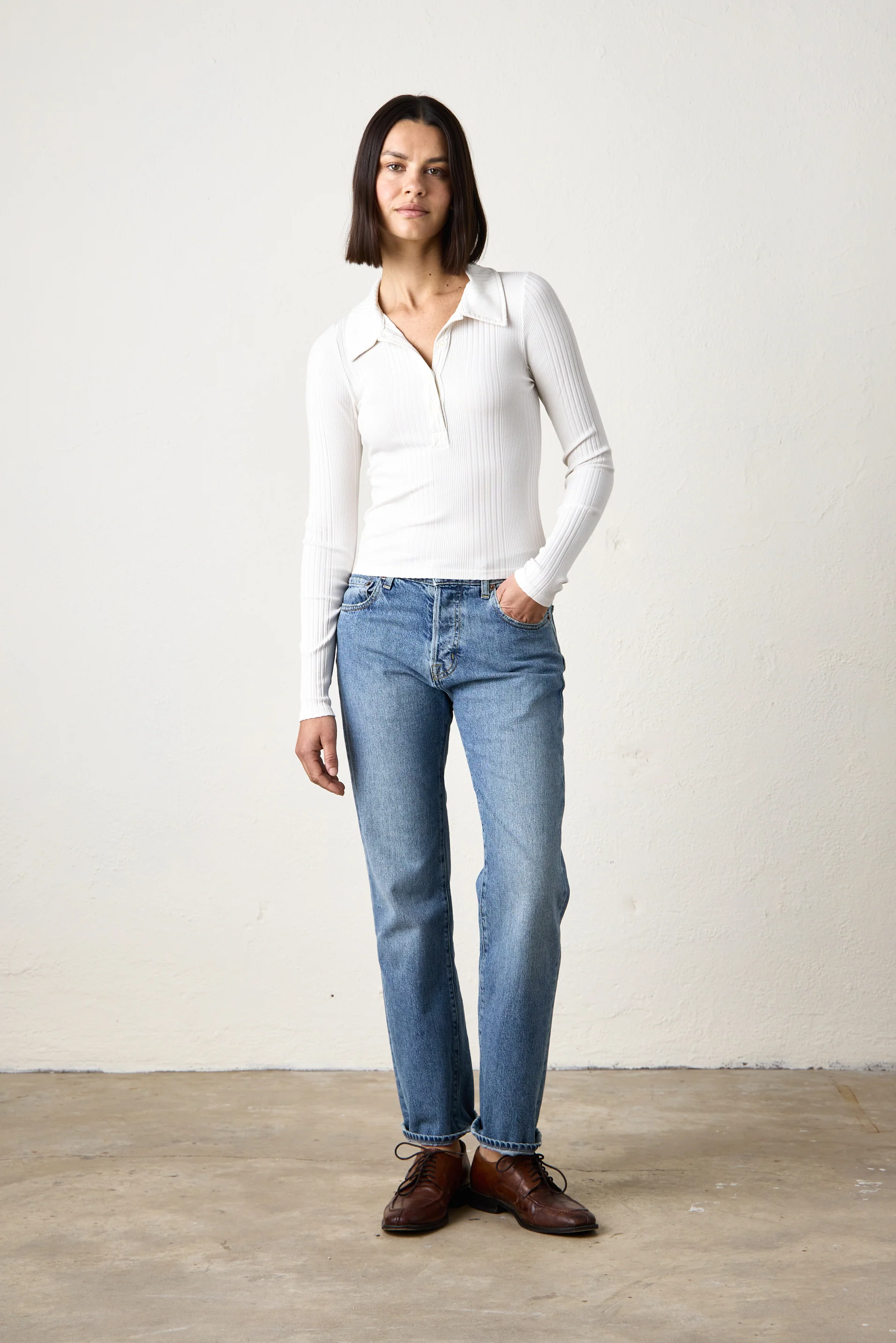 ALI FITTED VARIEGATED RIB POLO / SOFT WHITE - Renuaun