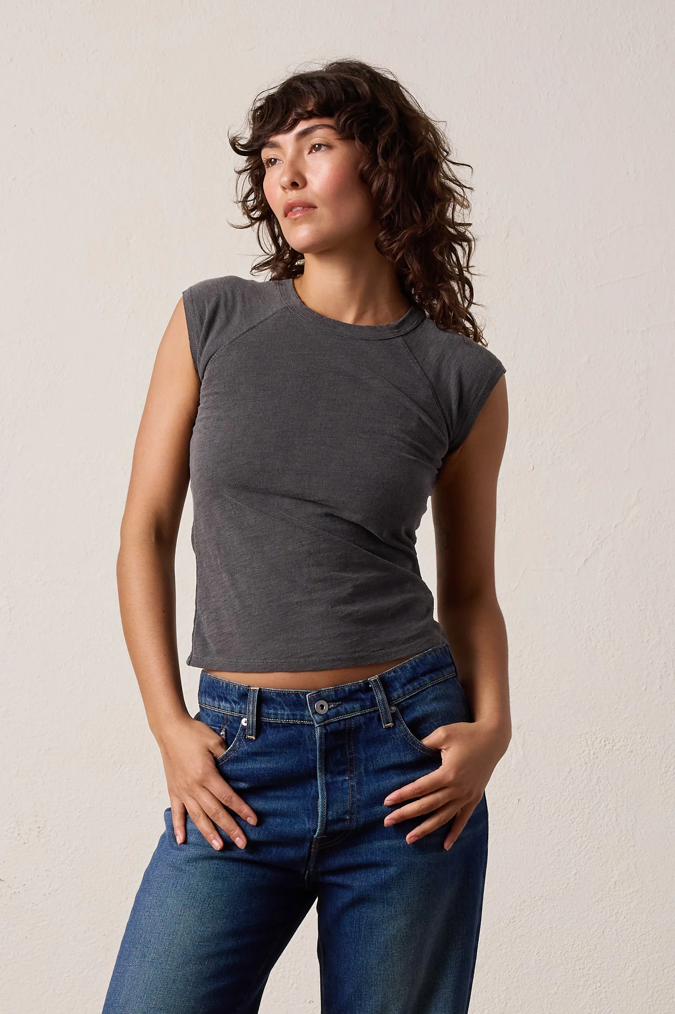 NSF Chloe Fitted Slub Jersey Muscle Tee - Faded Black - Renuaun