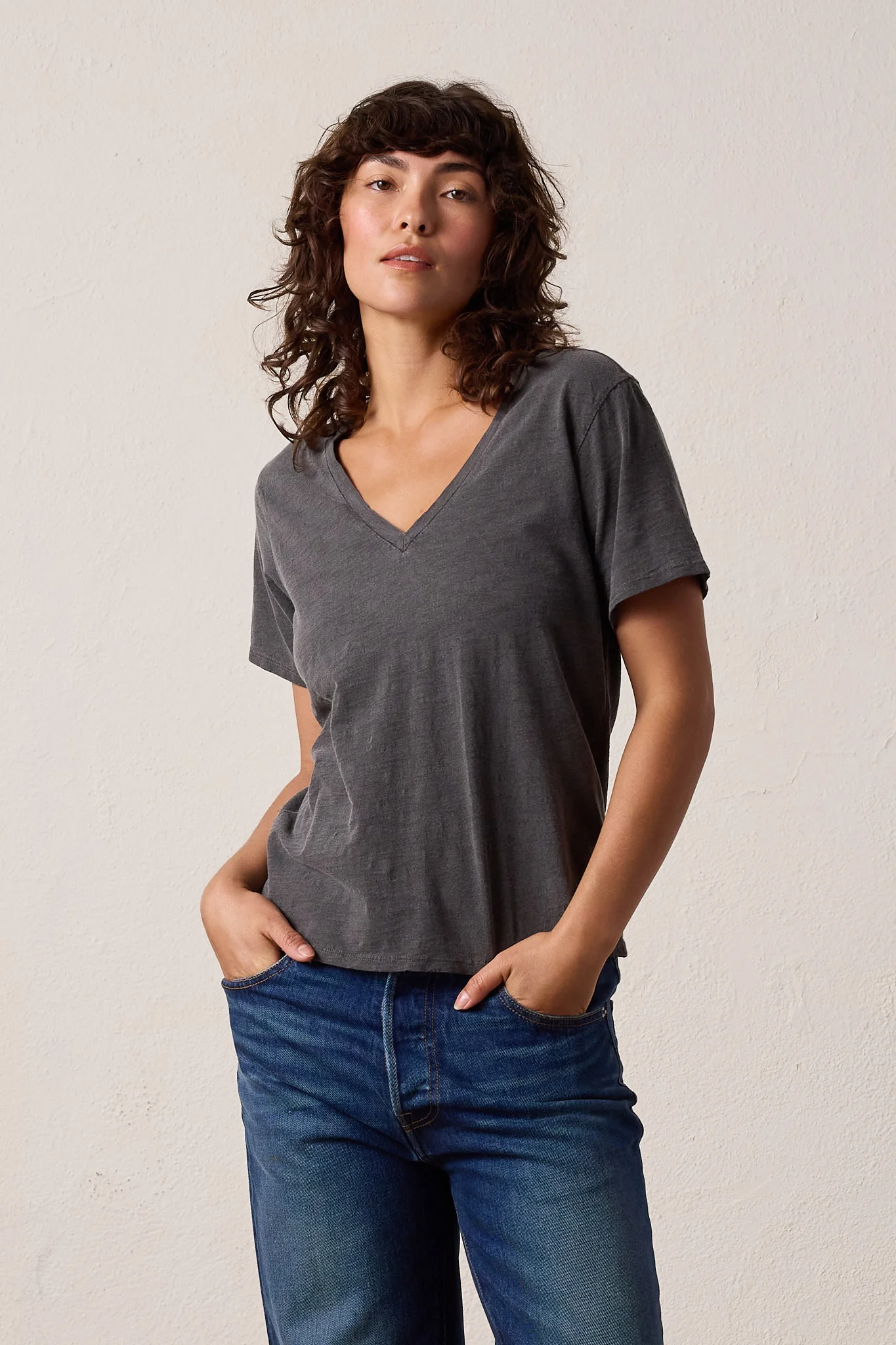 NSF Layla Relaxed V Neck Slub Jersey Tee - Faded Black - Renuaun