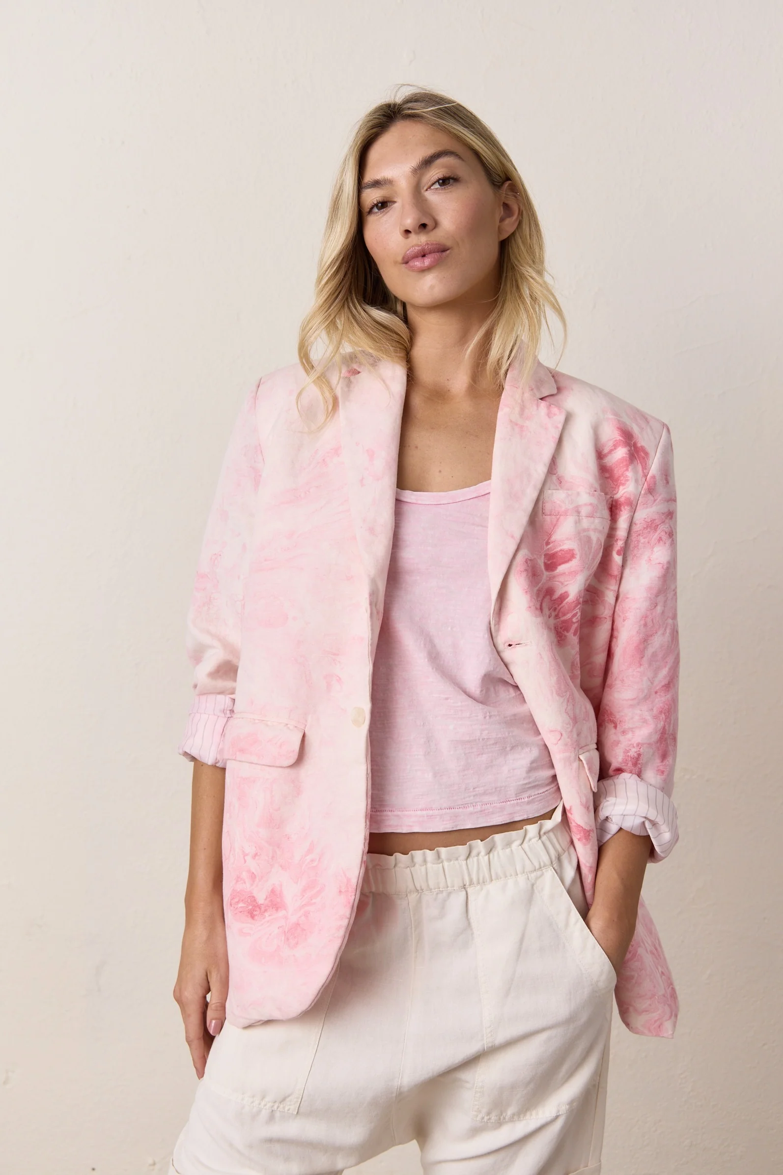 NSF Seville Slouchy Linen Cotton Marbled Blazer - Pink Marble - Renuaun