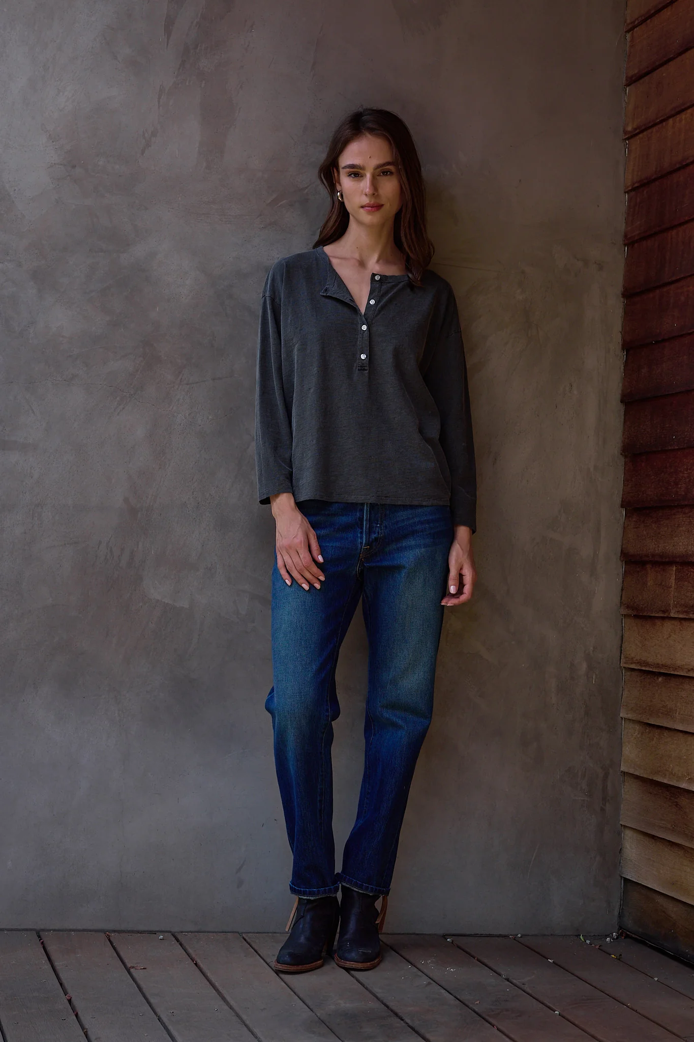 NSF Hazel Boxy Slub Jersey Henley - Faded Black - Renuaun