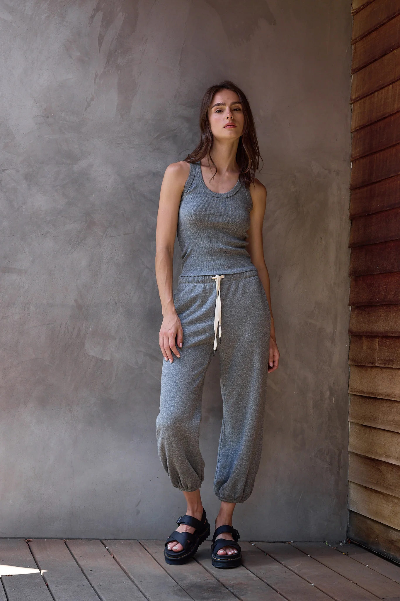 NSF Violet Fitted Melange Rib U Neck Tank - Charcoal Heather Gray - Renuaun